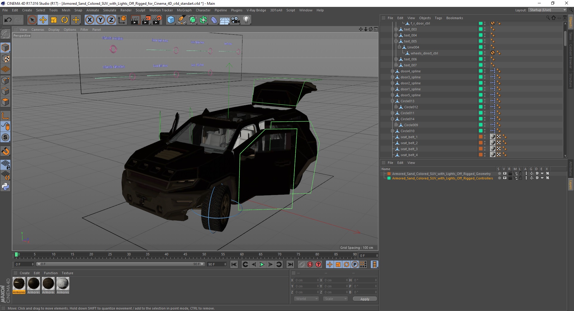 3D Armored Sand Colored SUV with Lights Off Rigged for Cinema 4D