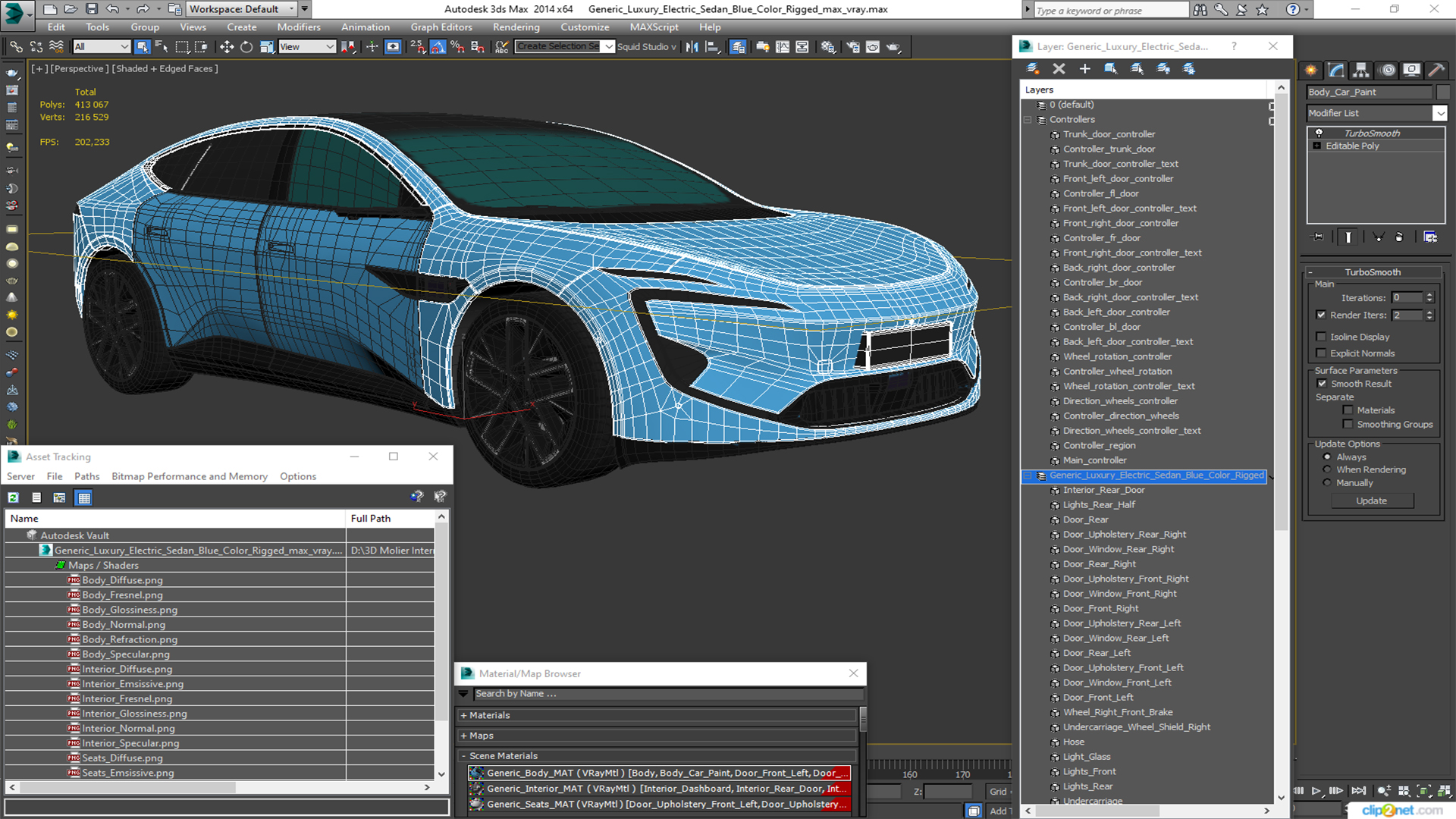 Generic Luxury Electric Sedan Blue Color Rigged 3D