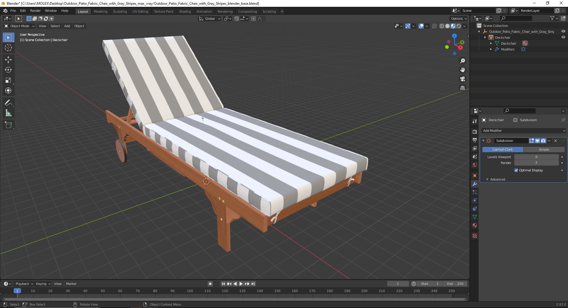 Outdoor Patio Fabric Chair with Gray Stripes 3D model