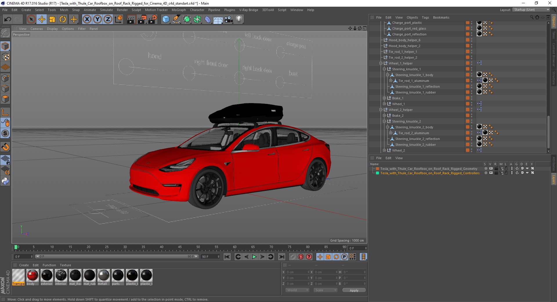Tesla with Thule Car Roofbox on Roof Rack Rigged for Cinema 4D 3D