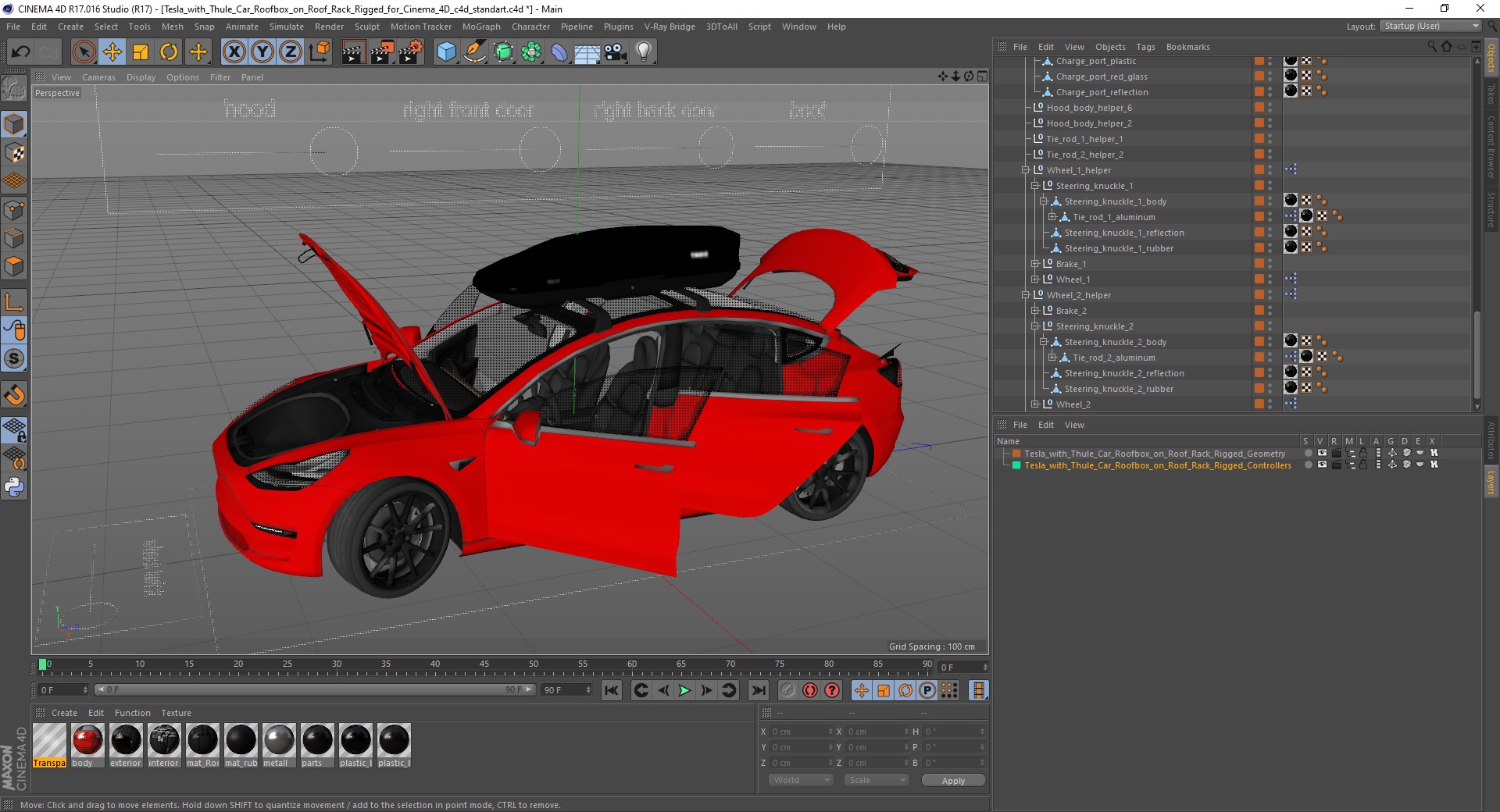 Tesla with Thule Car Roofbox on Roof Rack Rigged for Cinema 4D 3D