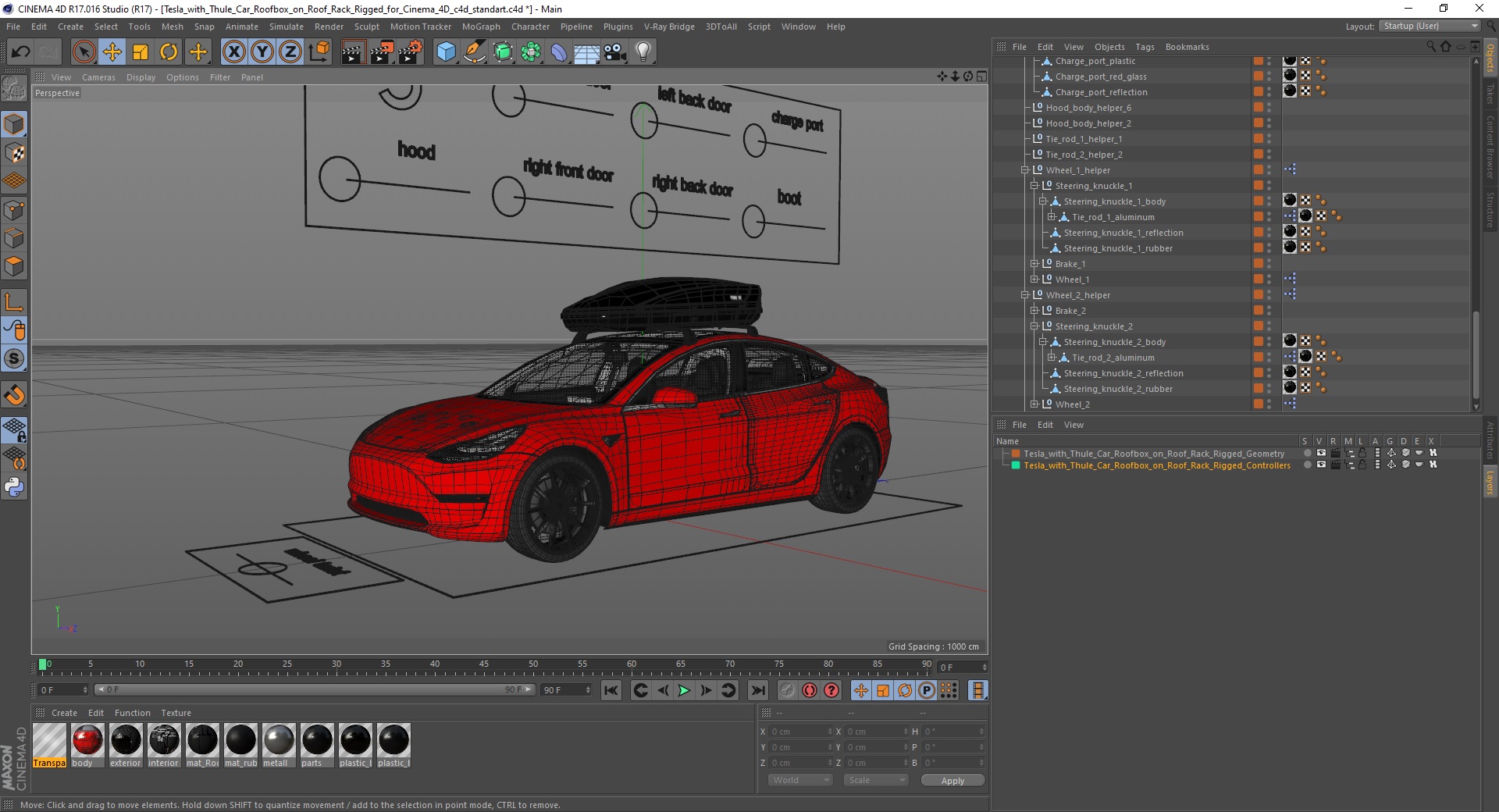 Tesla with Thule Car Roofbox on Roof Rack Rigged for Cinema 4D 3D