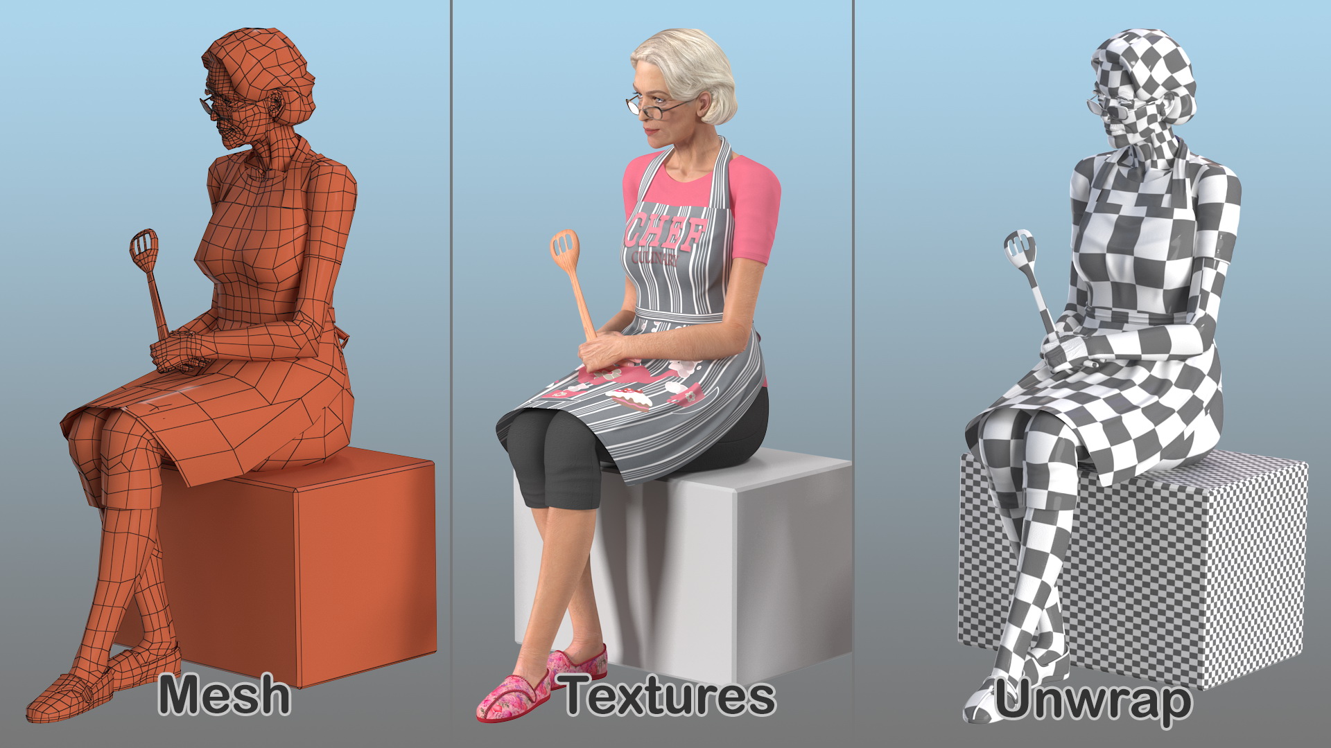 Old Lady wearing Apron Siting Pose 3D model