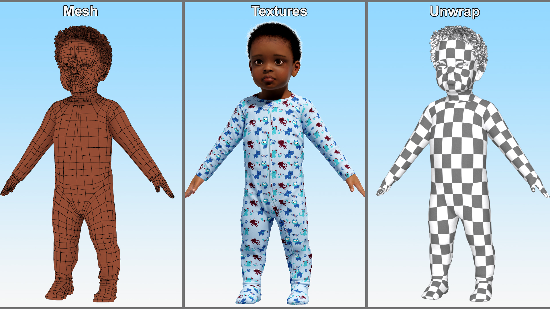 3D Little African Boy Light Skin in Full Bodysuit Rigged model