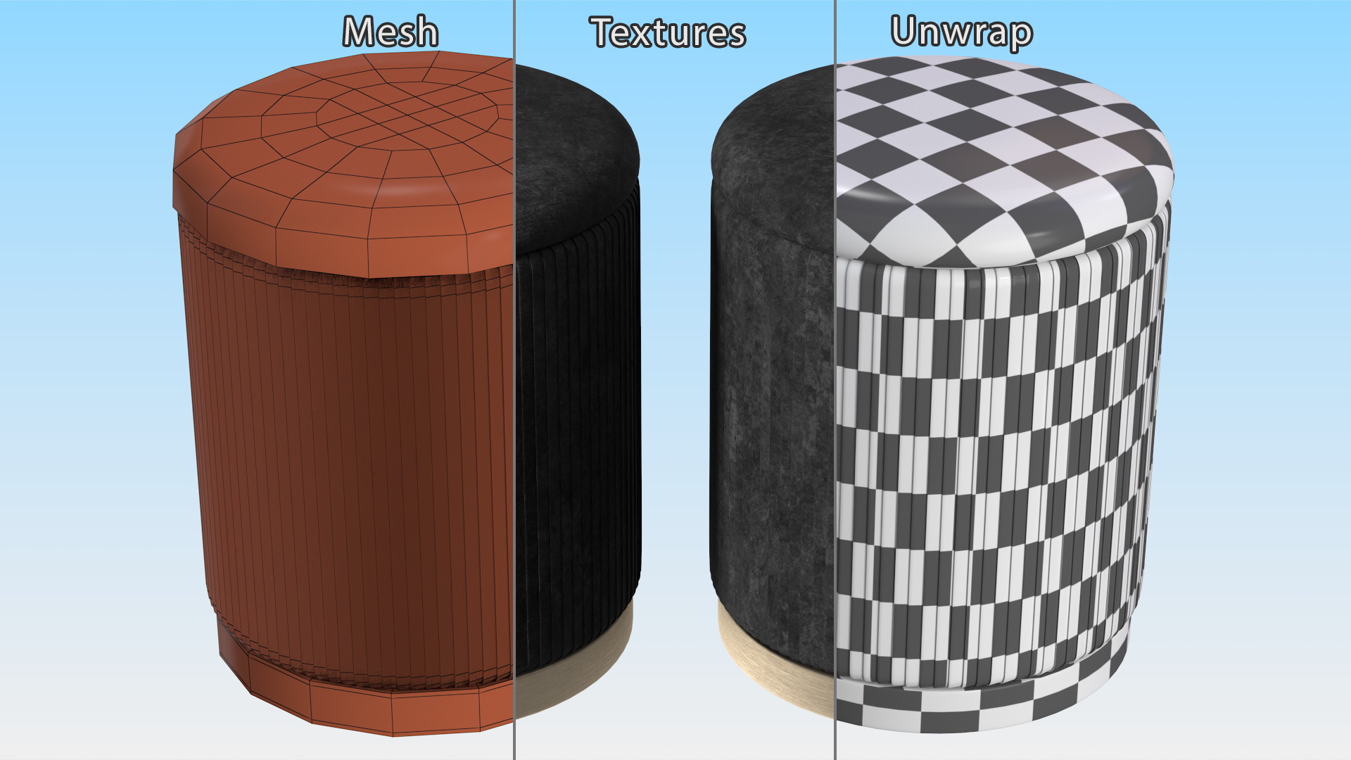Black Round Fabric Ottoman Stool 3D