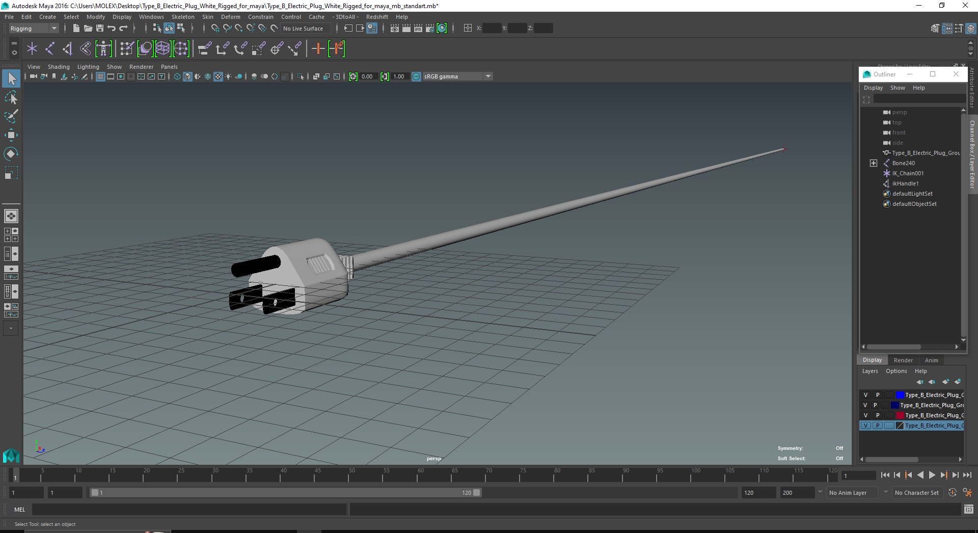 Type B Electric Plug White Rigged for Maya 3D