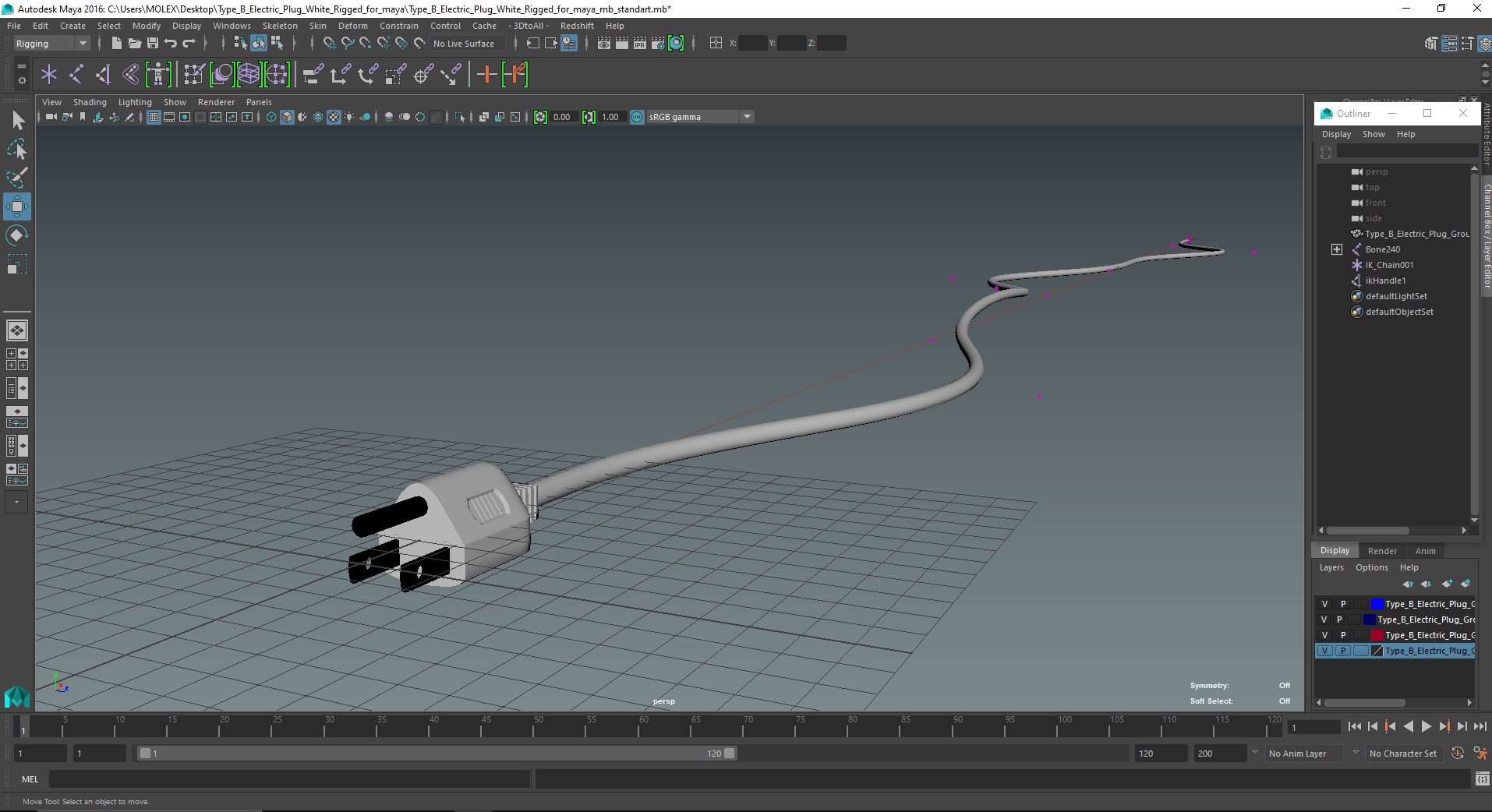 Type B Electric Plug White Rigged for Maya 3D