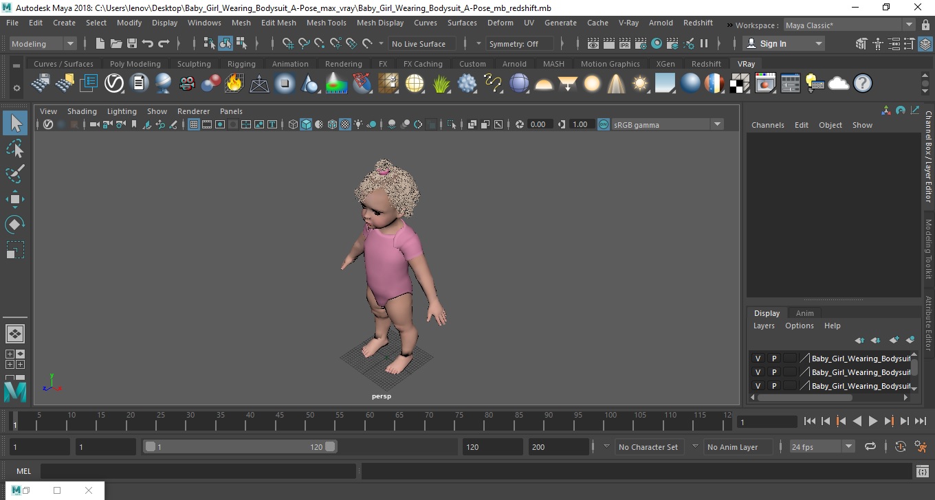 3D Baby Girl Wearing Bodysuit A-Pose model