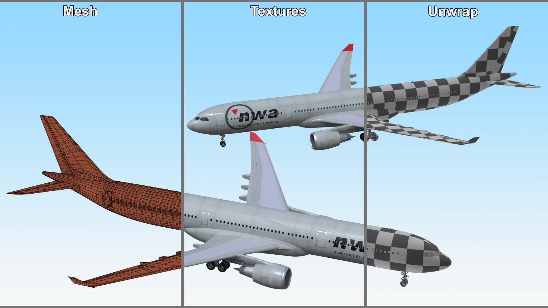 3D Commercial Airliner Airbus A330-300 Northwest Airlines Rigged