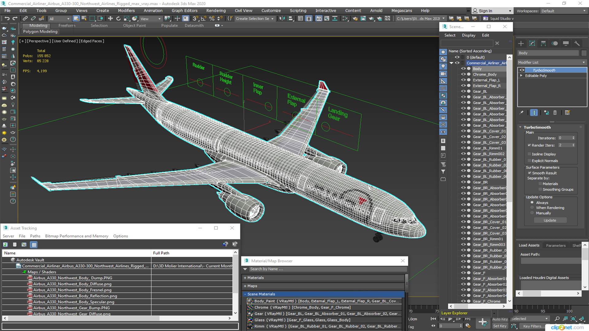 3D Commercial Airliner Airbus A330-300 Northwest Airlines Rigged