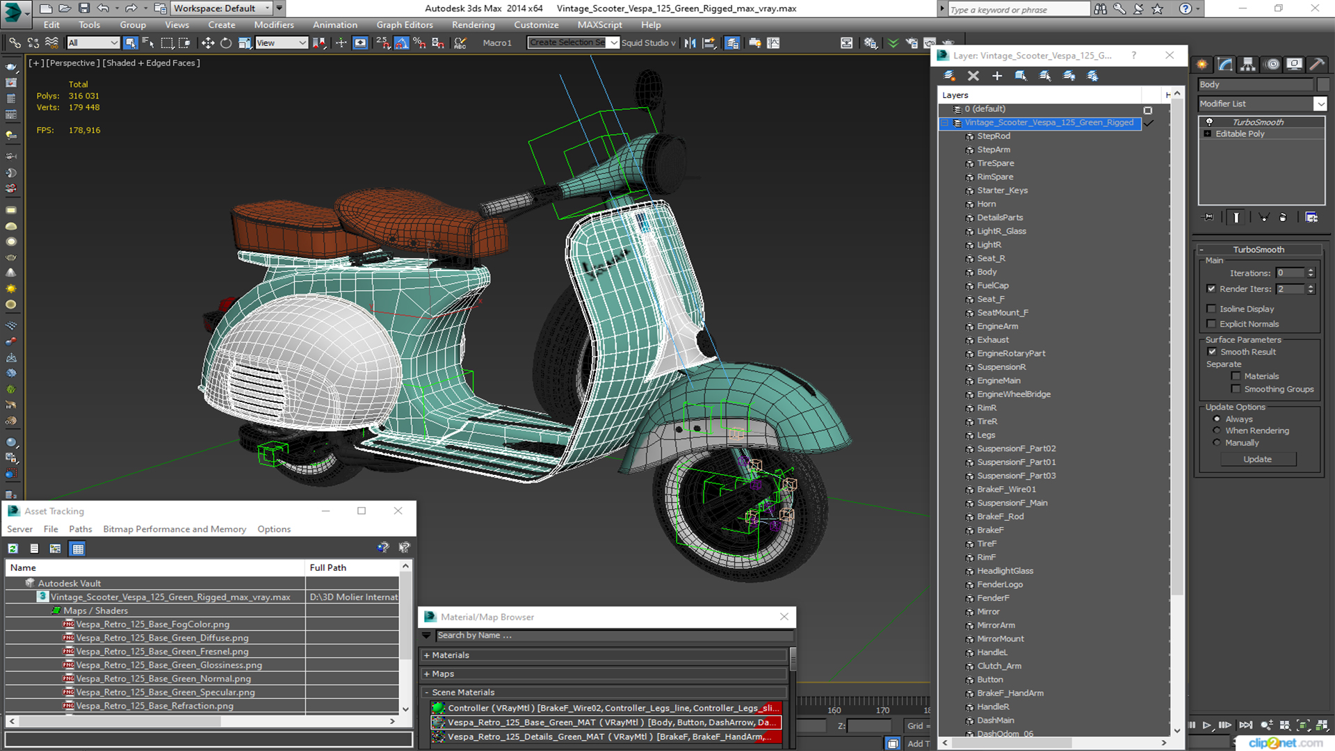3D Vintage Scooter Vespa 125 Green Rigged model