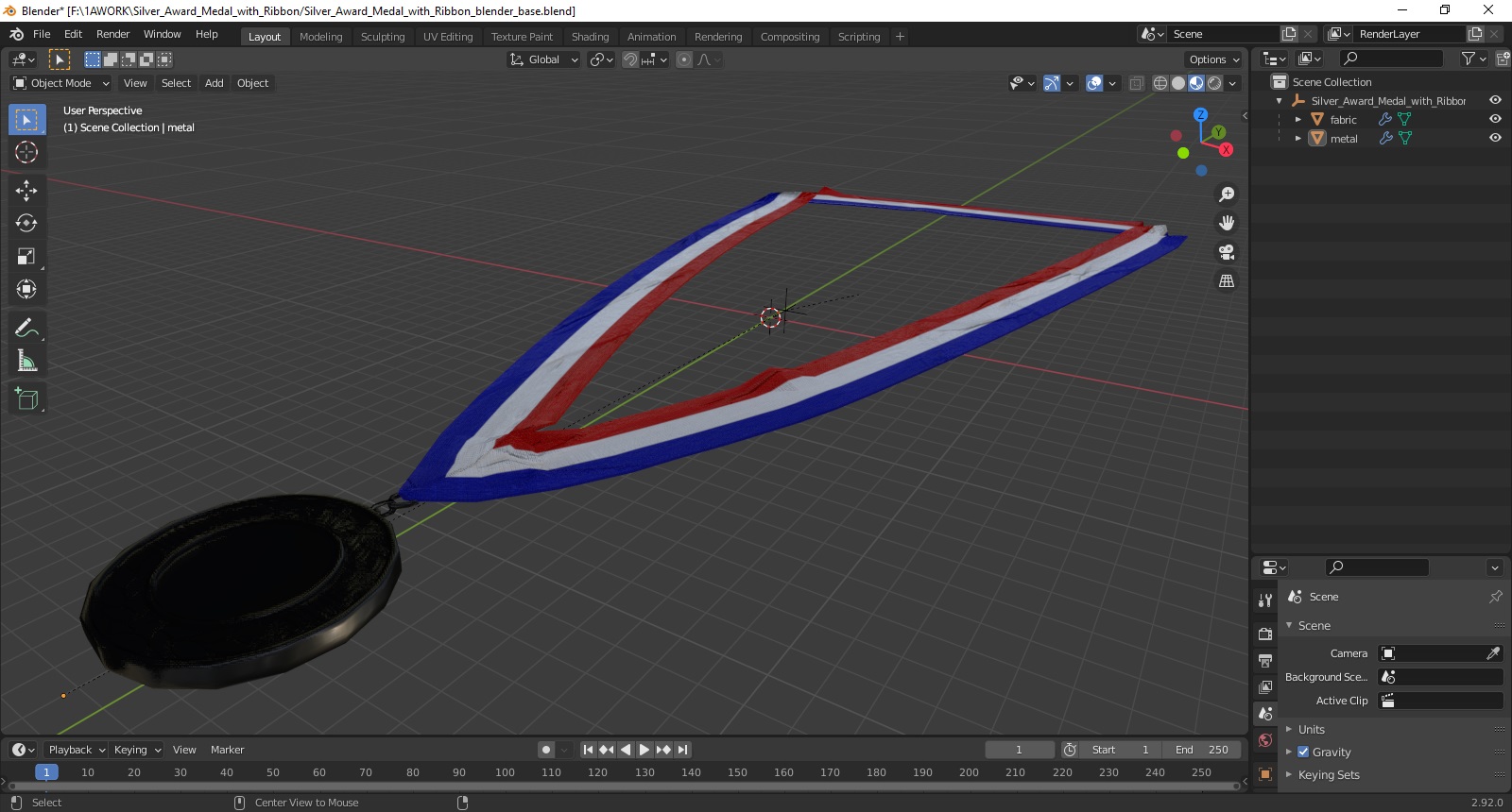 3D model Silver Award Medal with Ribbon