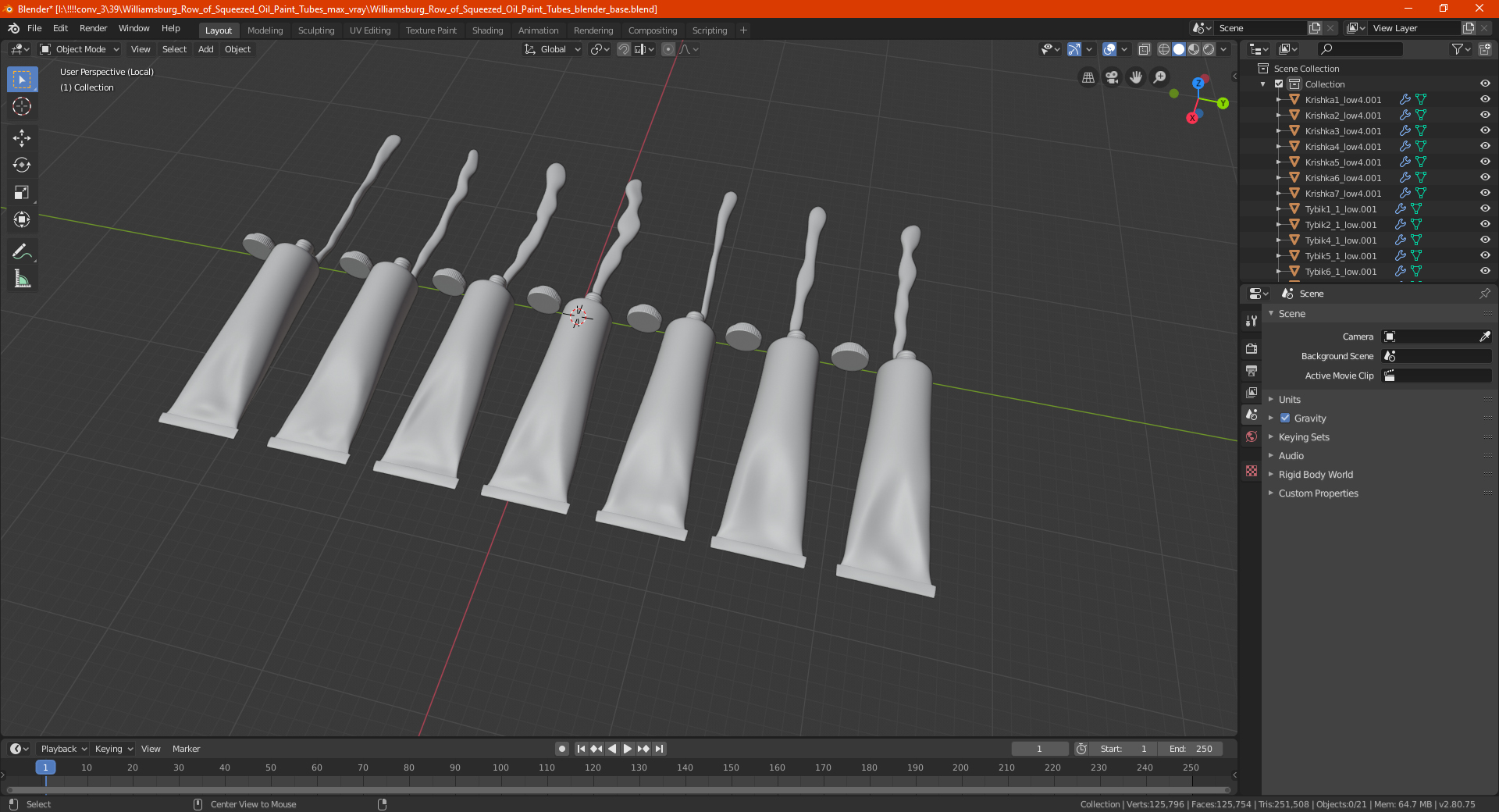 Williamsburg Row of Squeezed Oil Paint Tubes 3D model
