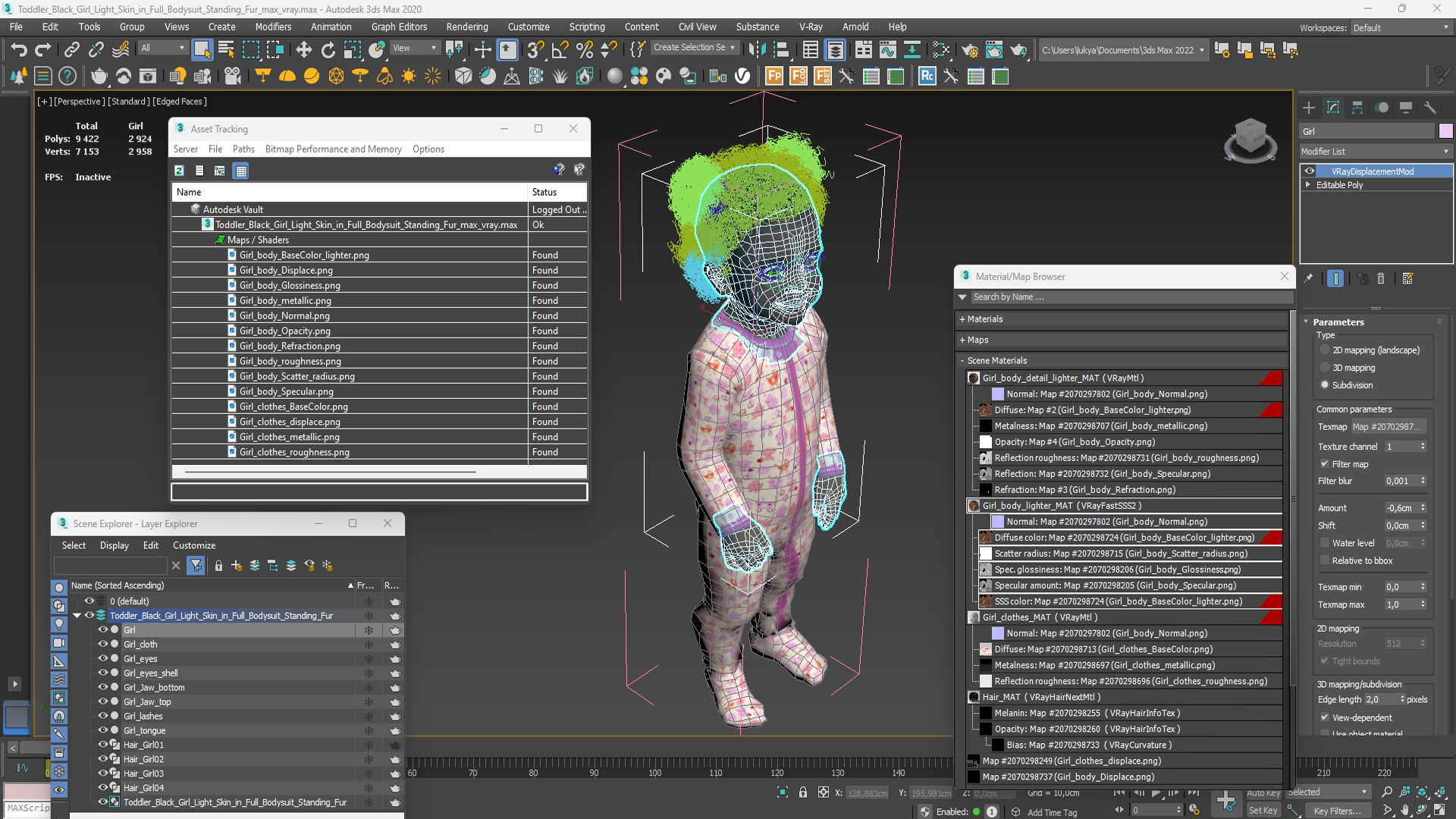 Toddler Black Girl Light Skin in Full Bodysuit Standing Fur 3D model