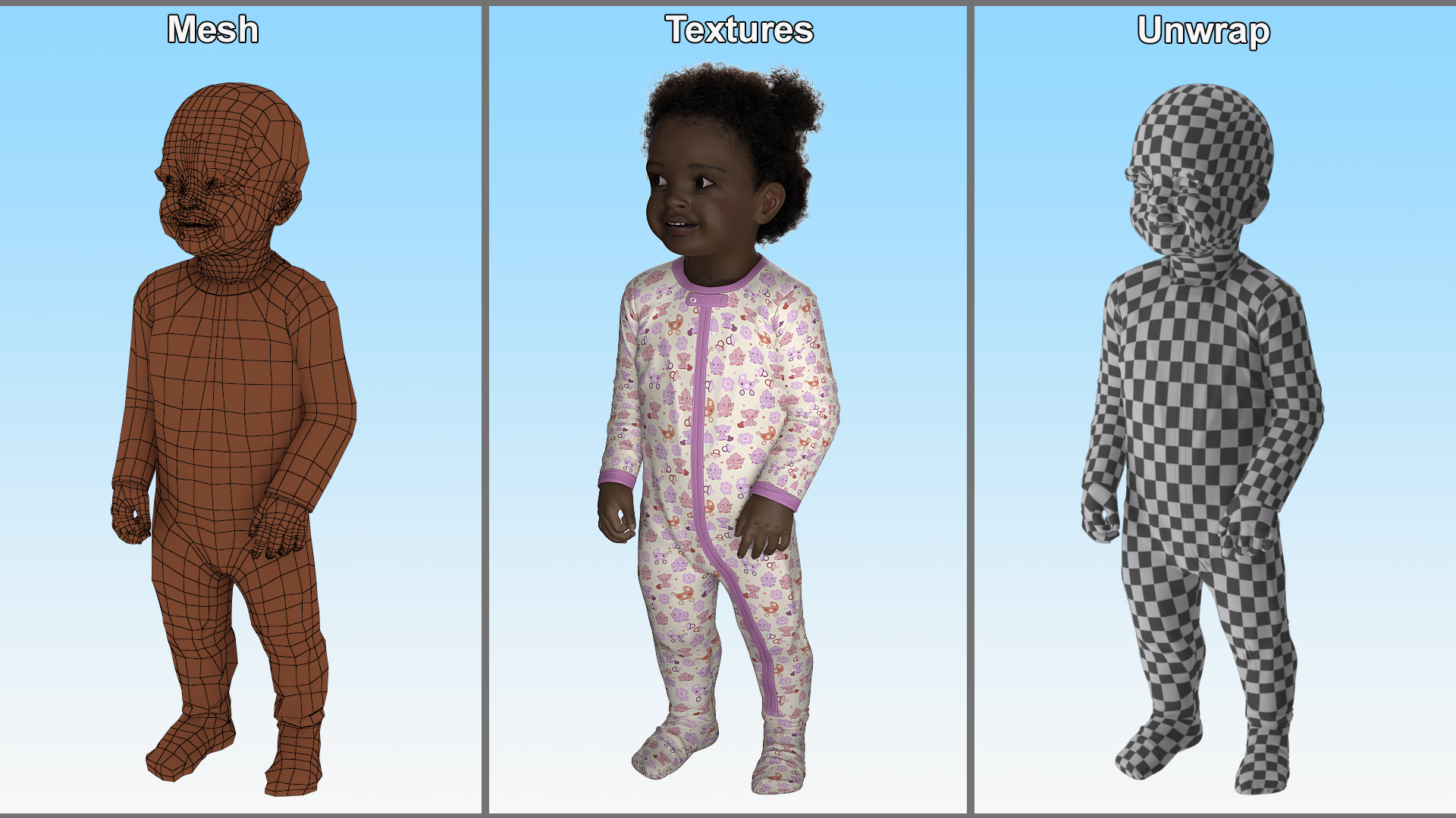Toddler Black Girl Light Skin in Full Bodysuit Standing Fur 3D model