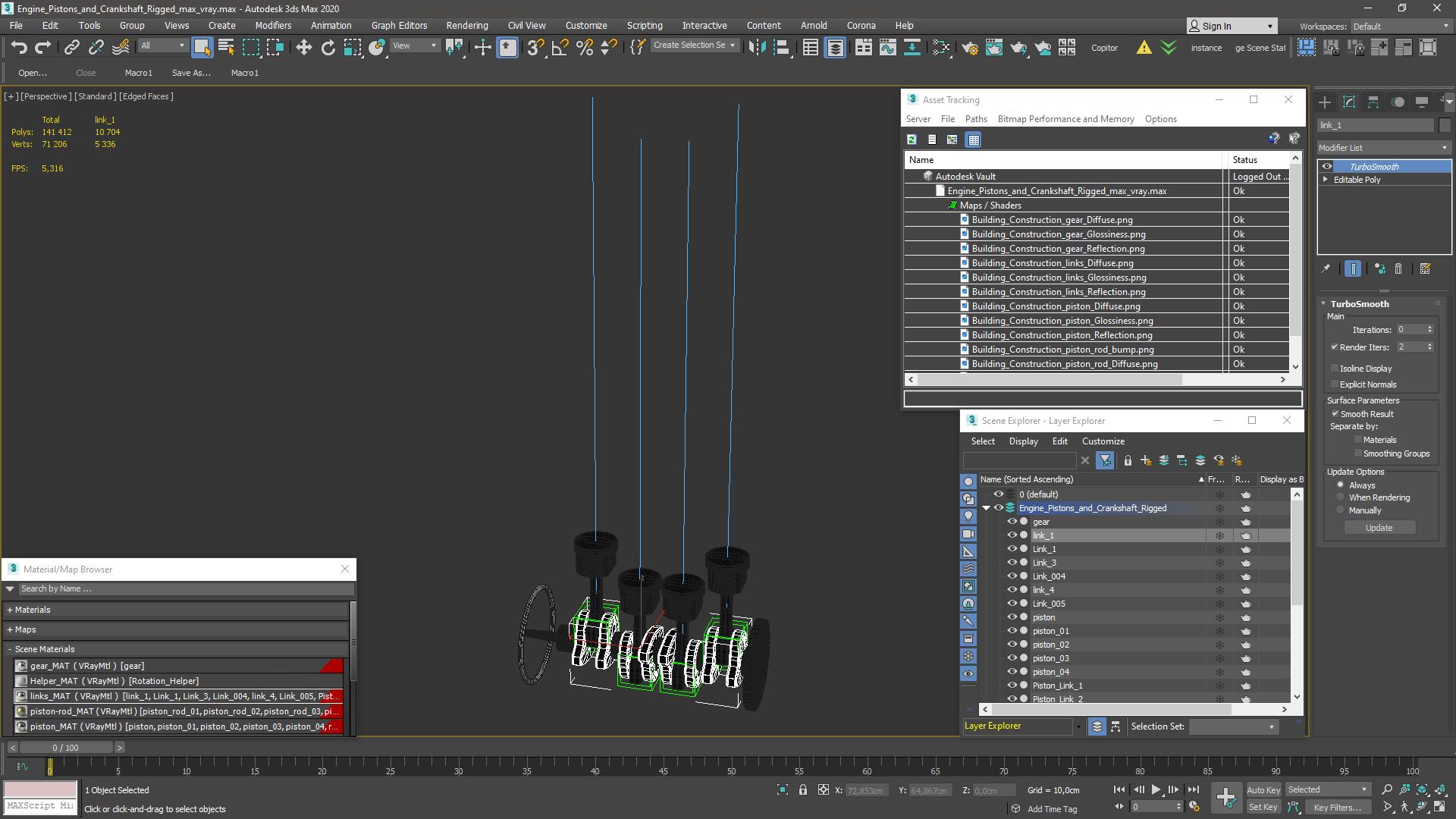 3D Engine Pistons and Crankshaft Rigged
