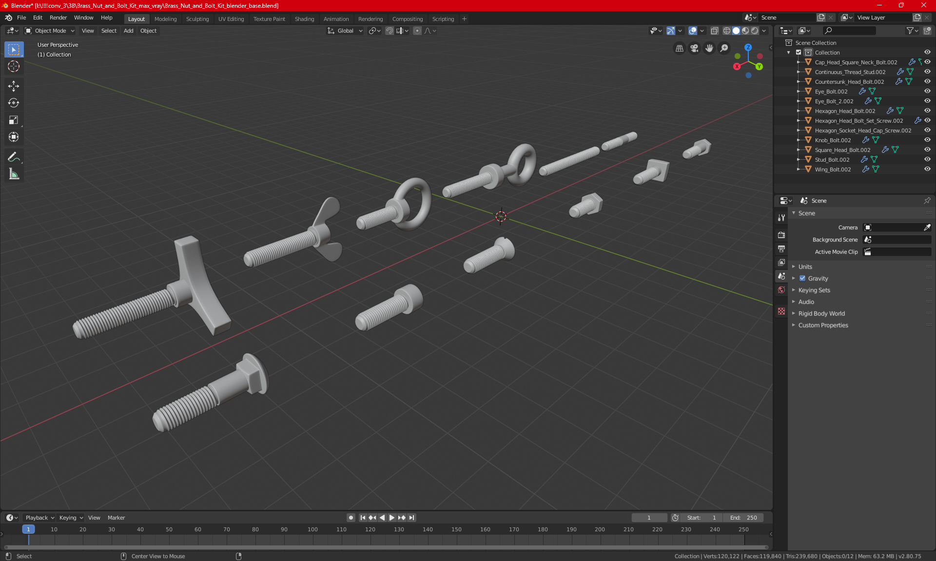 Brass Nut and Bolt Kit 3D