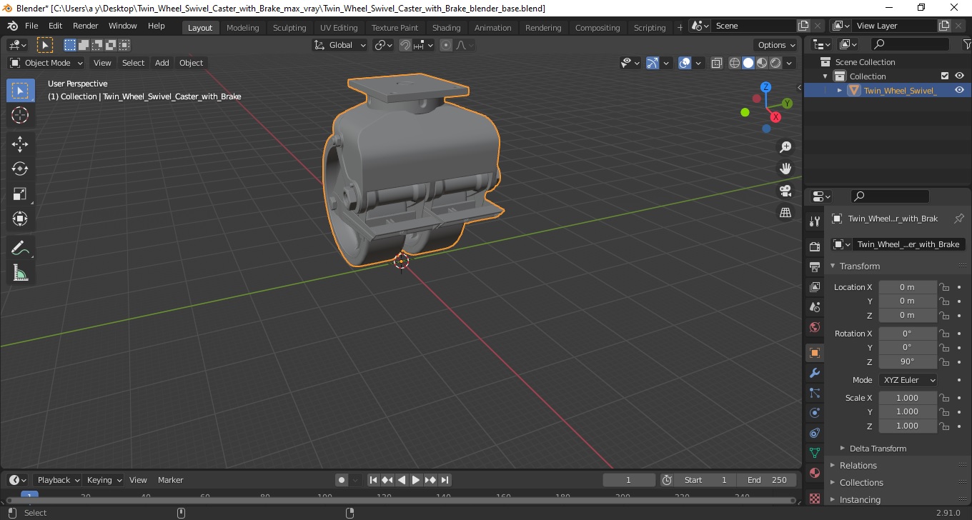 3D model Twin Wheel Swivel Caster with Brake