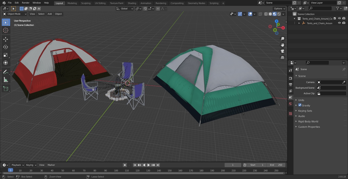 3D Tents and Chairs Around Campfire Pit