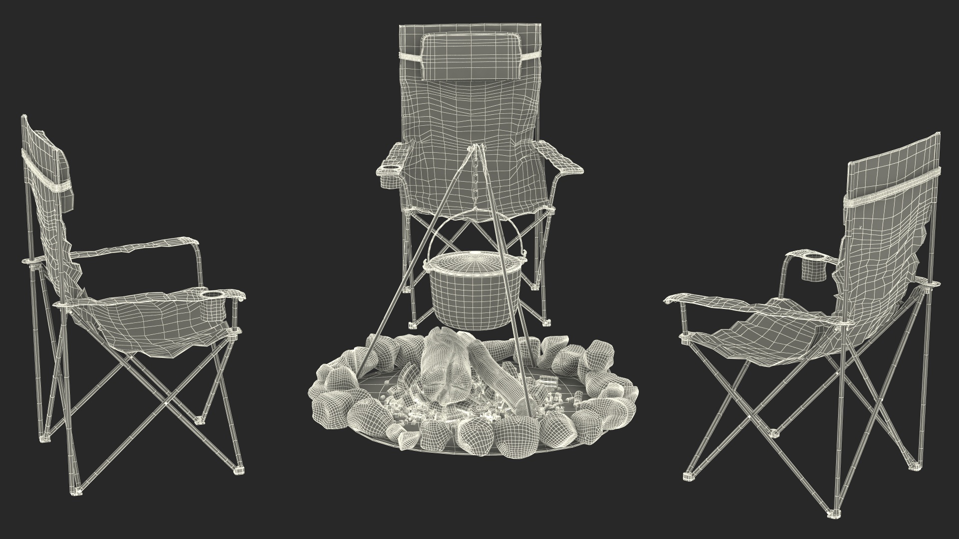 3D Tents and Chairs Around Campfire Pit