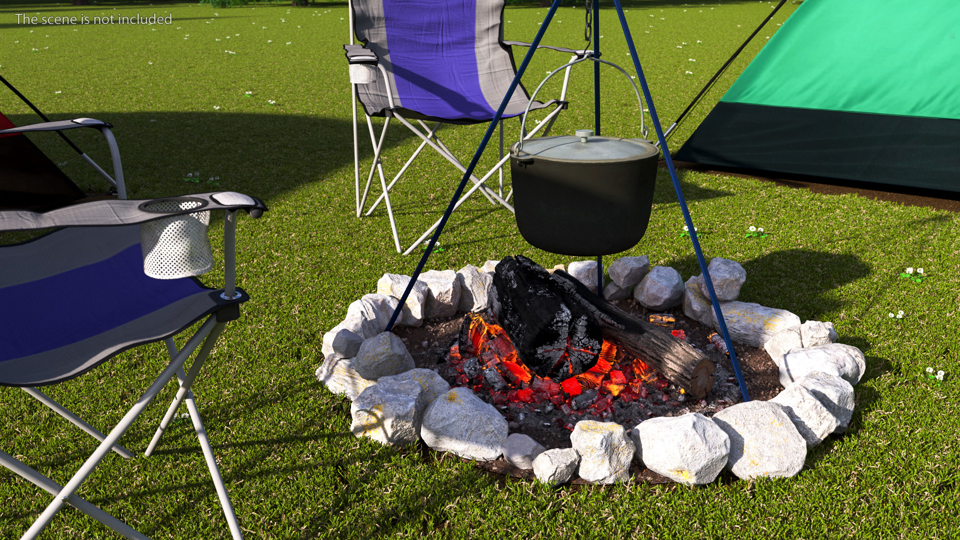 3D Tents and Chairs Around Campfire Pit