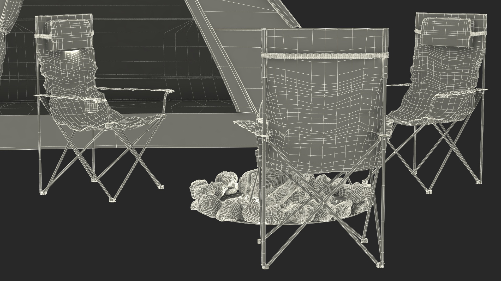 3D Tents and Chairs Around Campfire Pit
