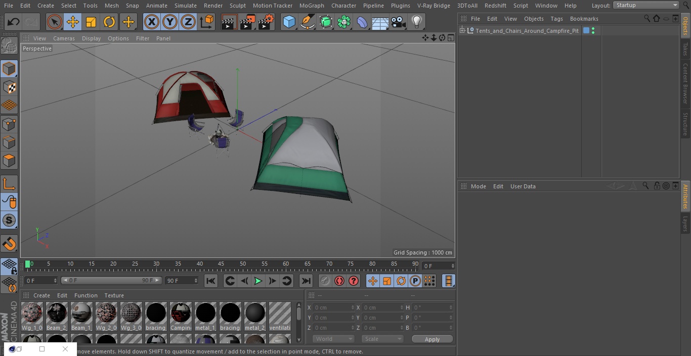3D Tents and Chairs Around Campfire Pit