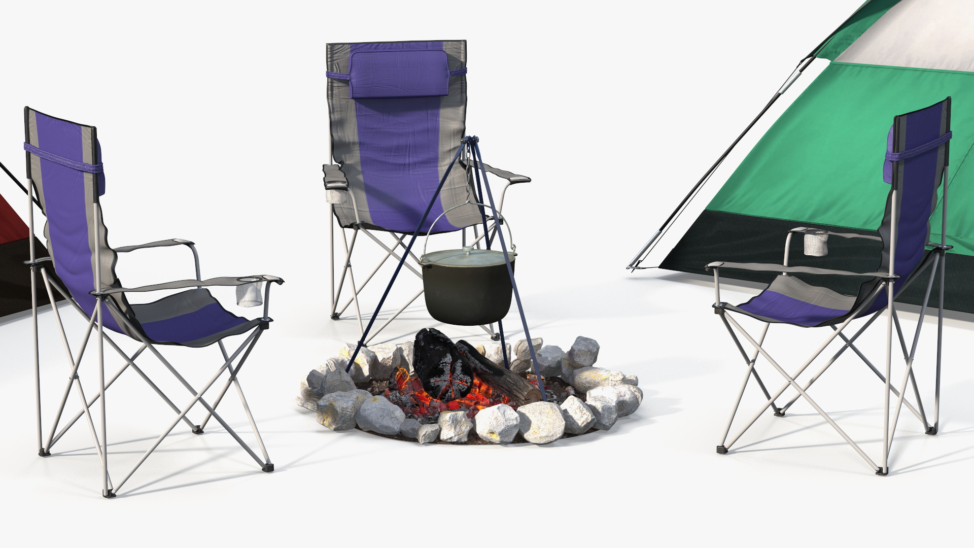 3D Tents and Chairs Around Campfire Pit