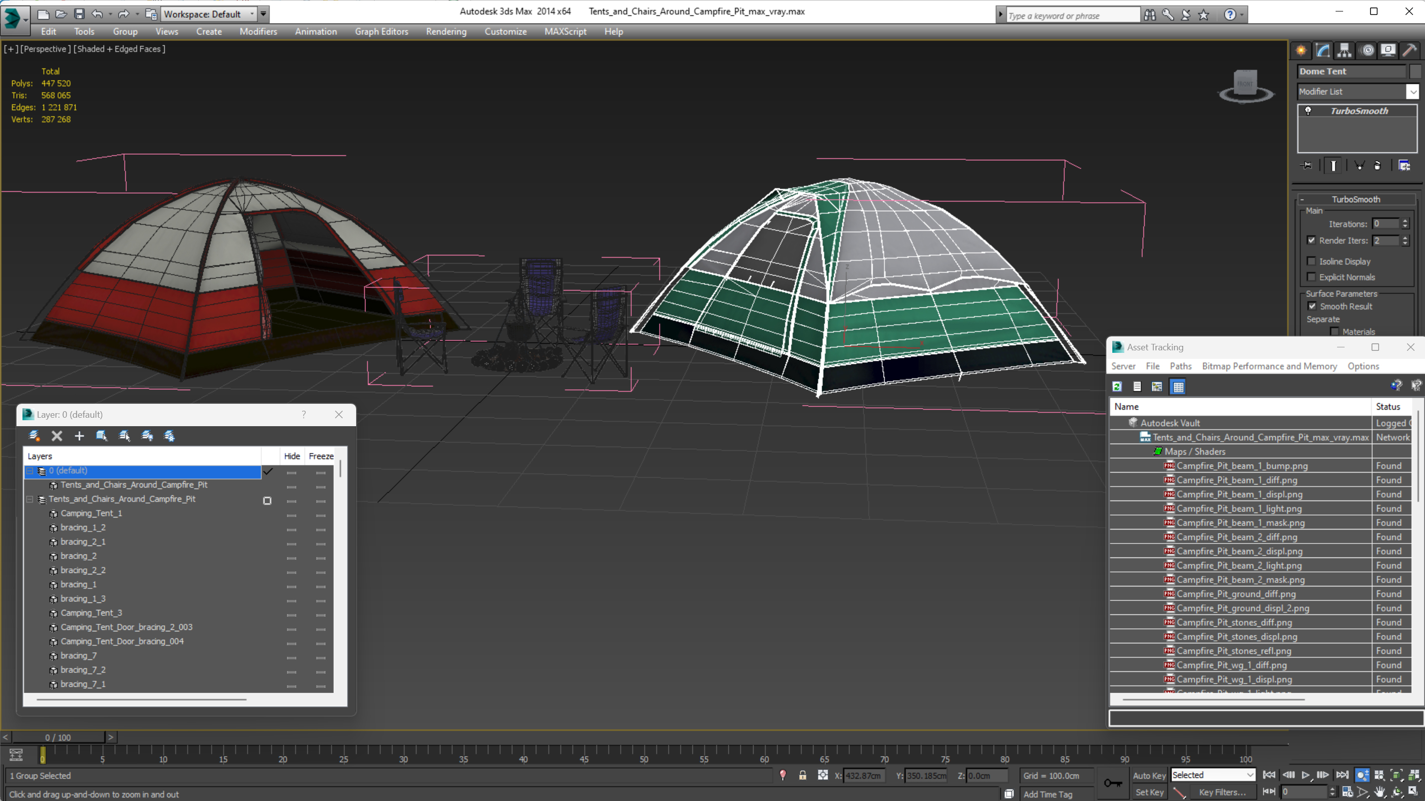 3D Tents and Chairs Around Campfire Pit
