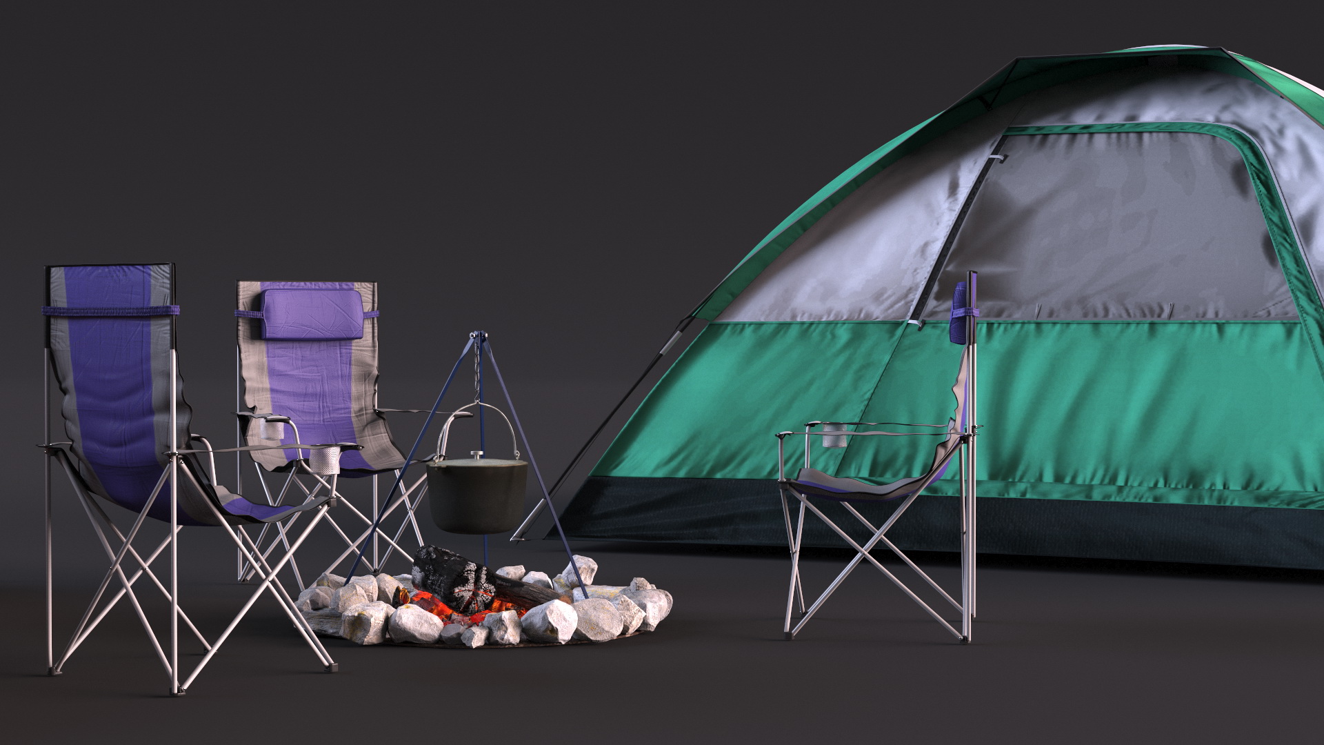 3D Tents and Chairs Around Campfire Pit