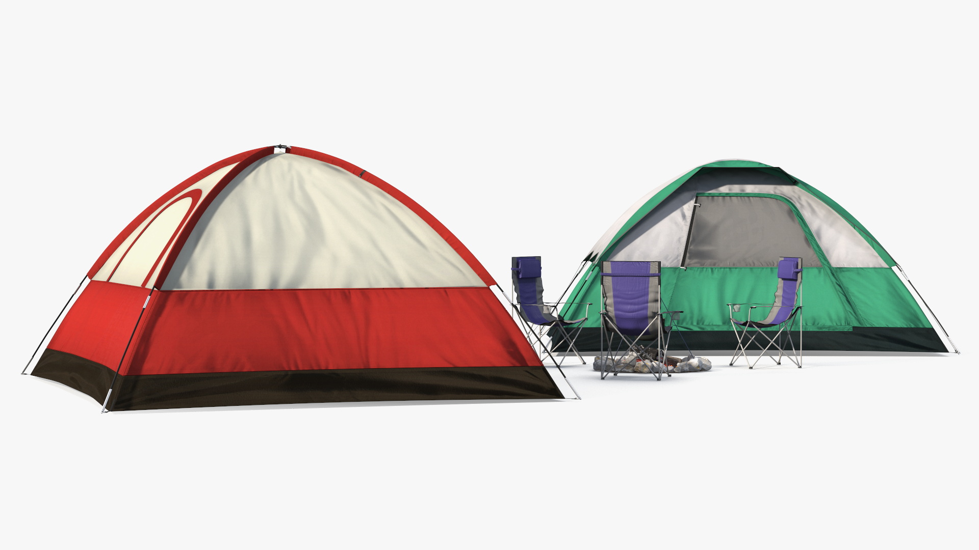 3D Tents and Chairs Around Campfire Pit