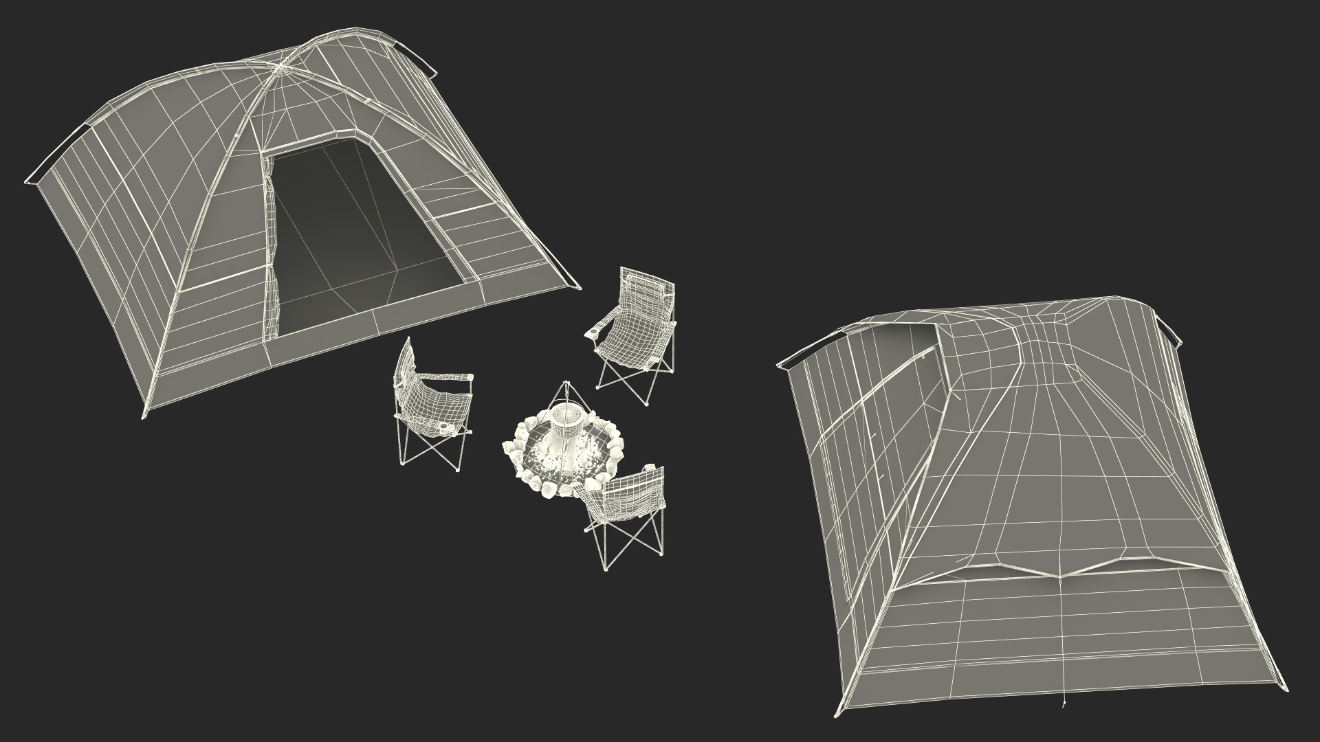 3D Tents and Chairs Around Campfire Pit
