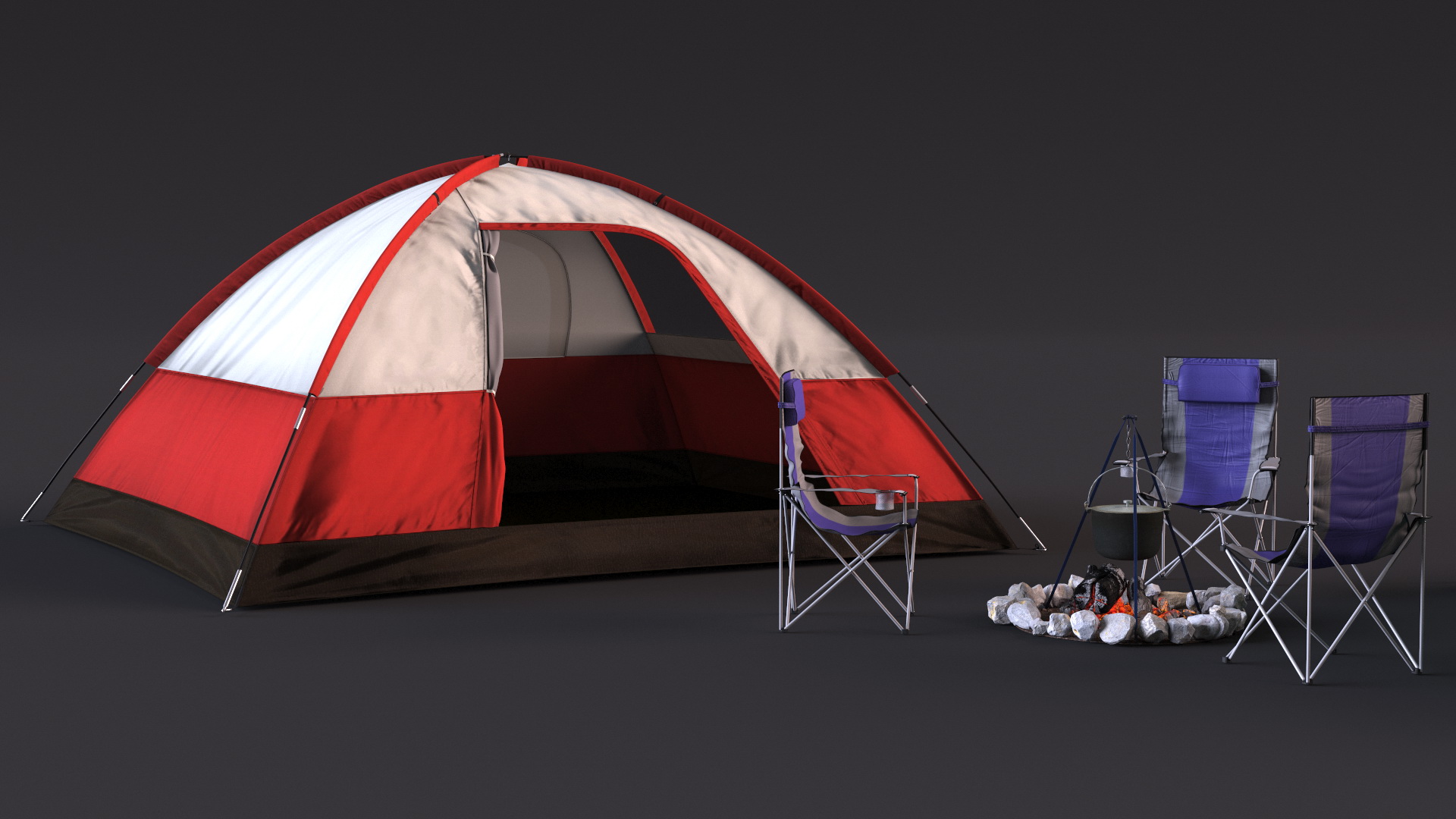 3D Tents and Chairs Around Campfire Pit