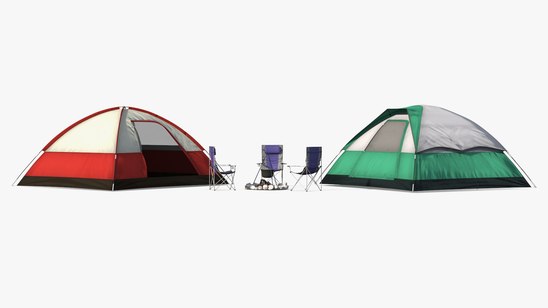 3D Tents and Chairs Around Campfire Pit