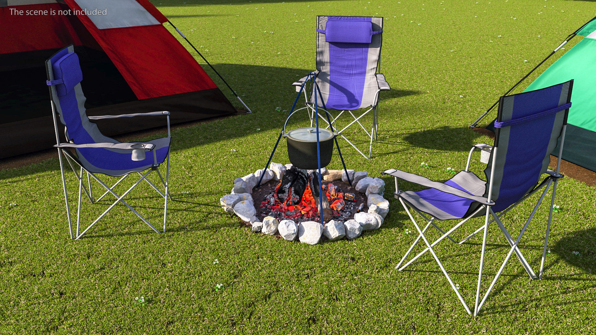 3D Tents and Chairs Around Campfire Pit