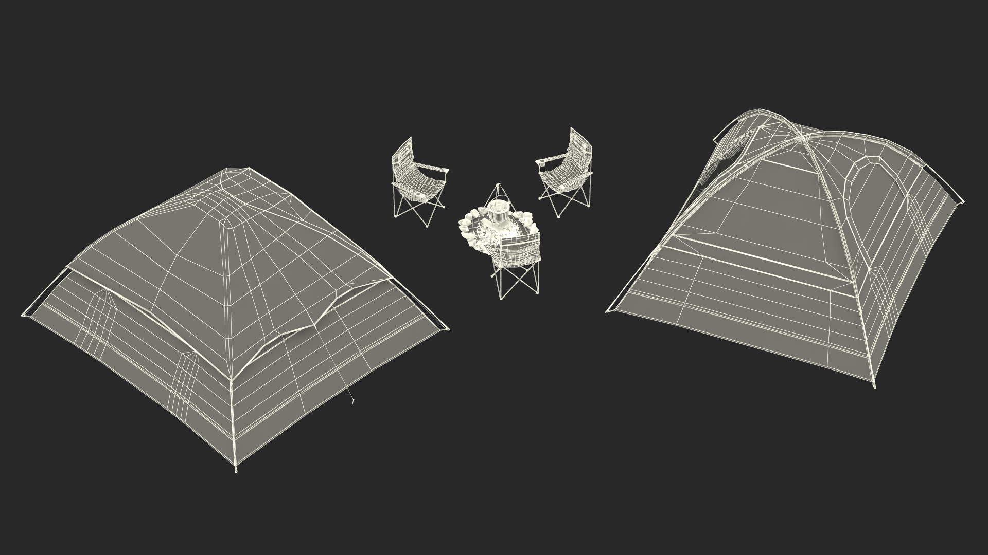 3D Tents and Chairs Around Campfire Pit