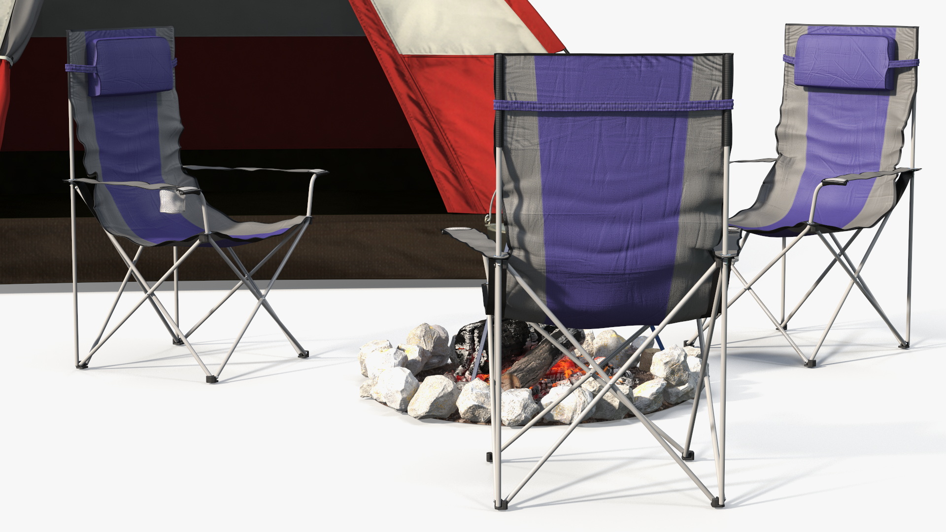 3D Tents and Chairs Around Campfire Pit
