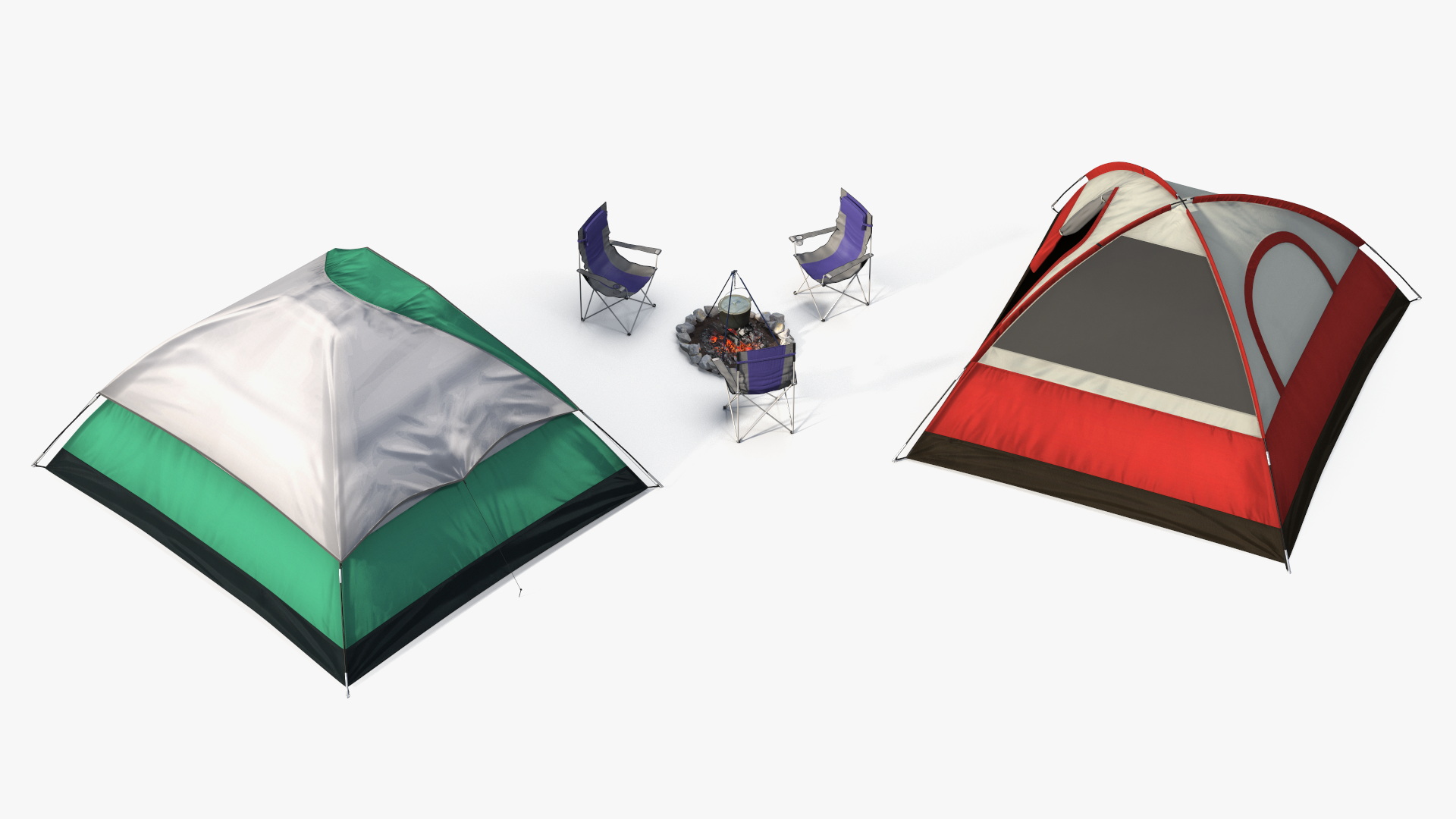 3D Tents and Chairs Around Campfire Pit