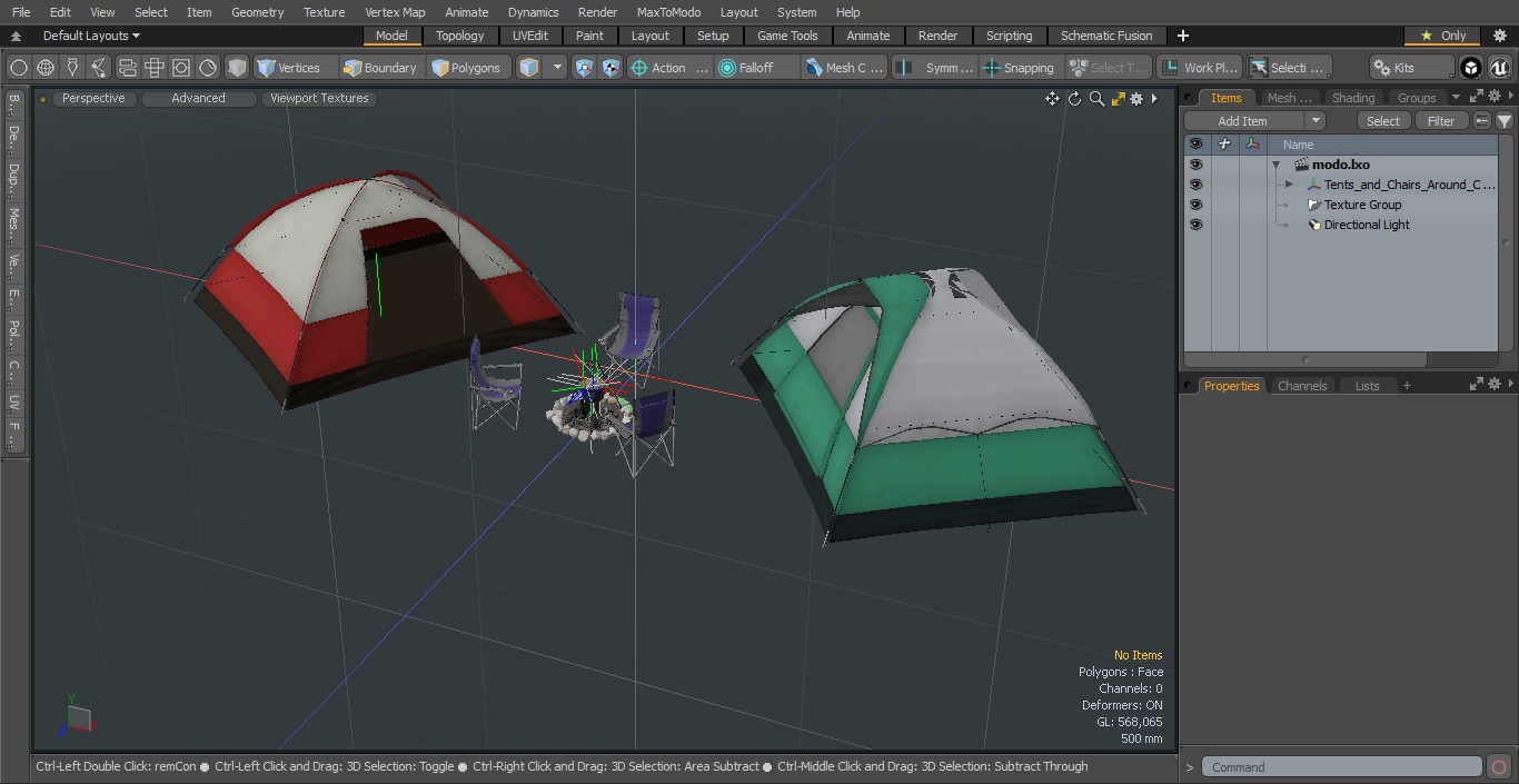3D Tents and Chairs Around Campfire Pit