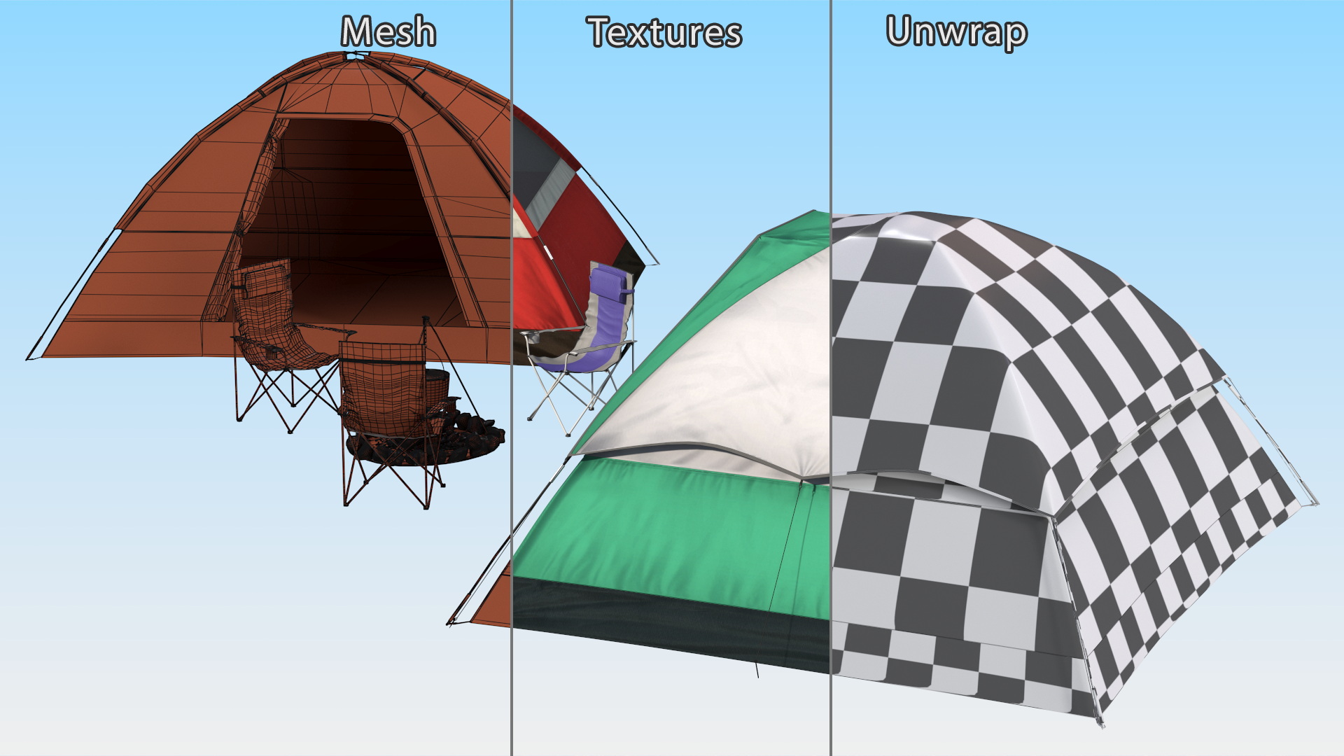 3D Tents and Chairs Around Campfire Pit