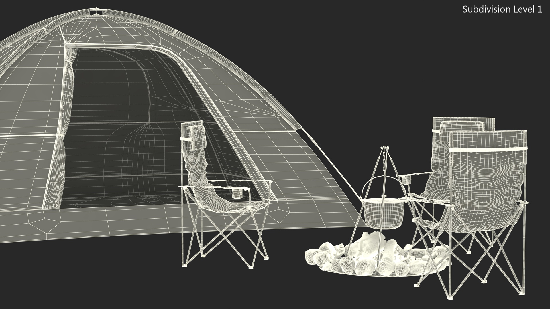 3D Tents and Chairs Around Campfire Pit