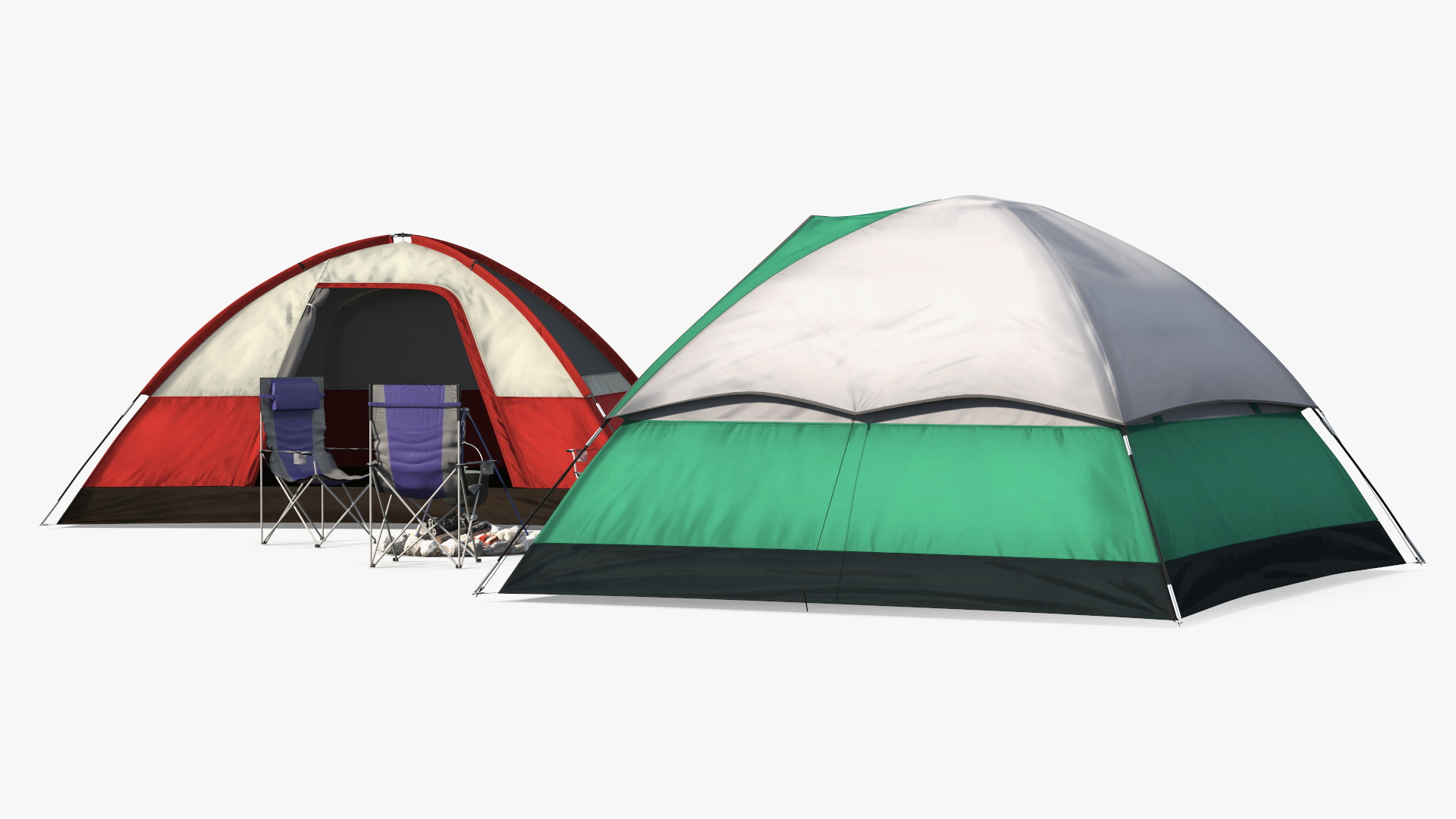 3D Tents and Chairs Around Campfire Pit