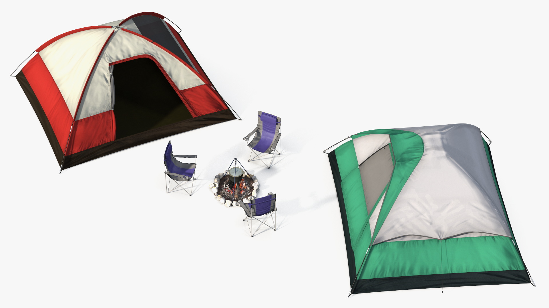 3D Tents and Chairs Around Campfire Pit