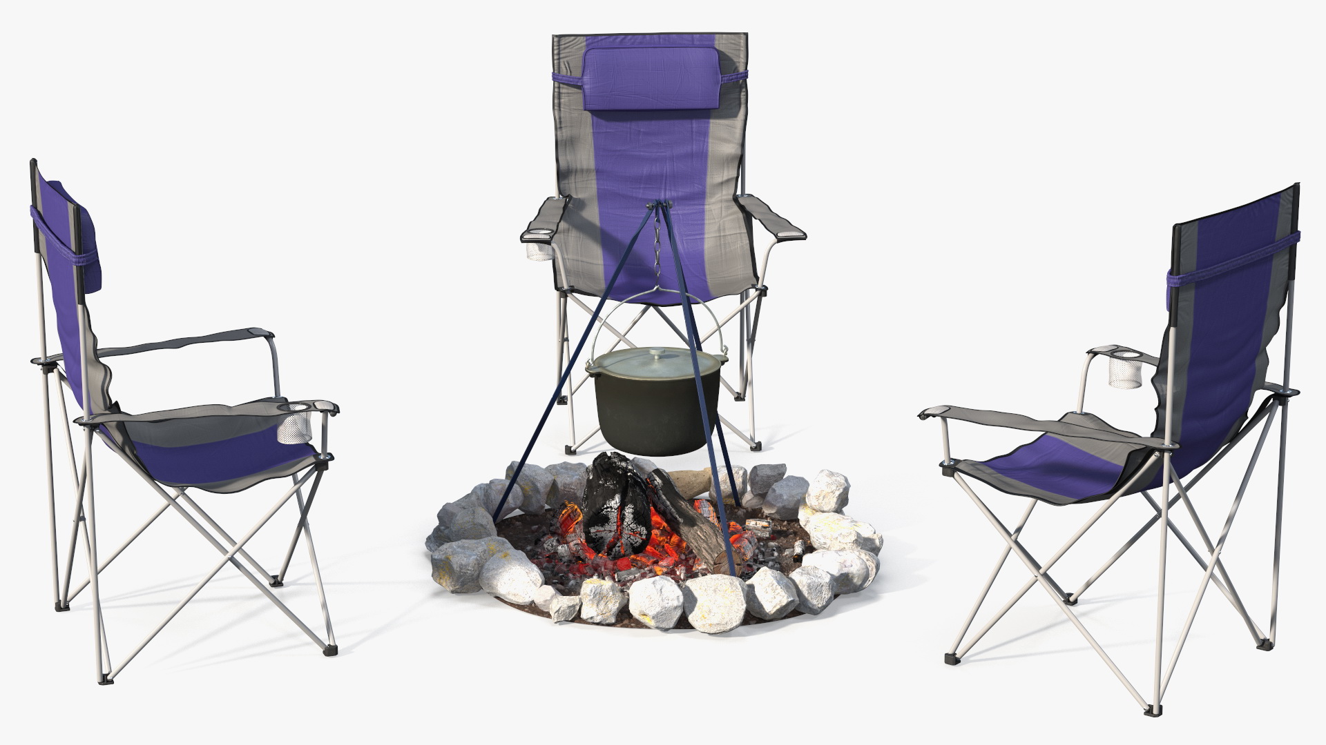 3D Tents and Chairs Around Campfire Pit