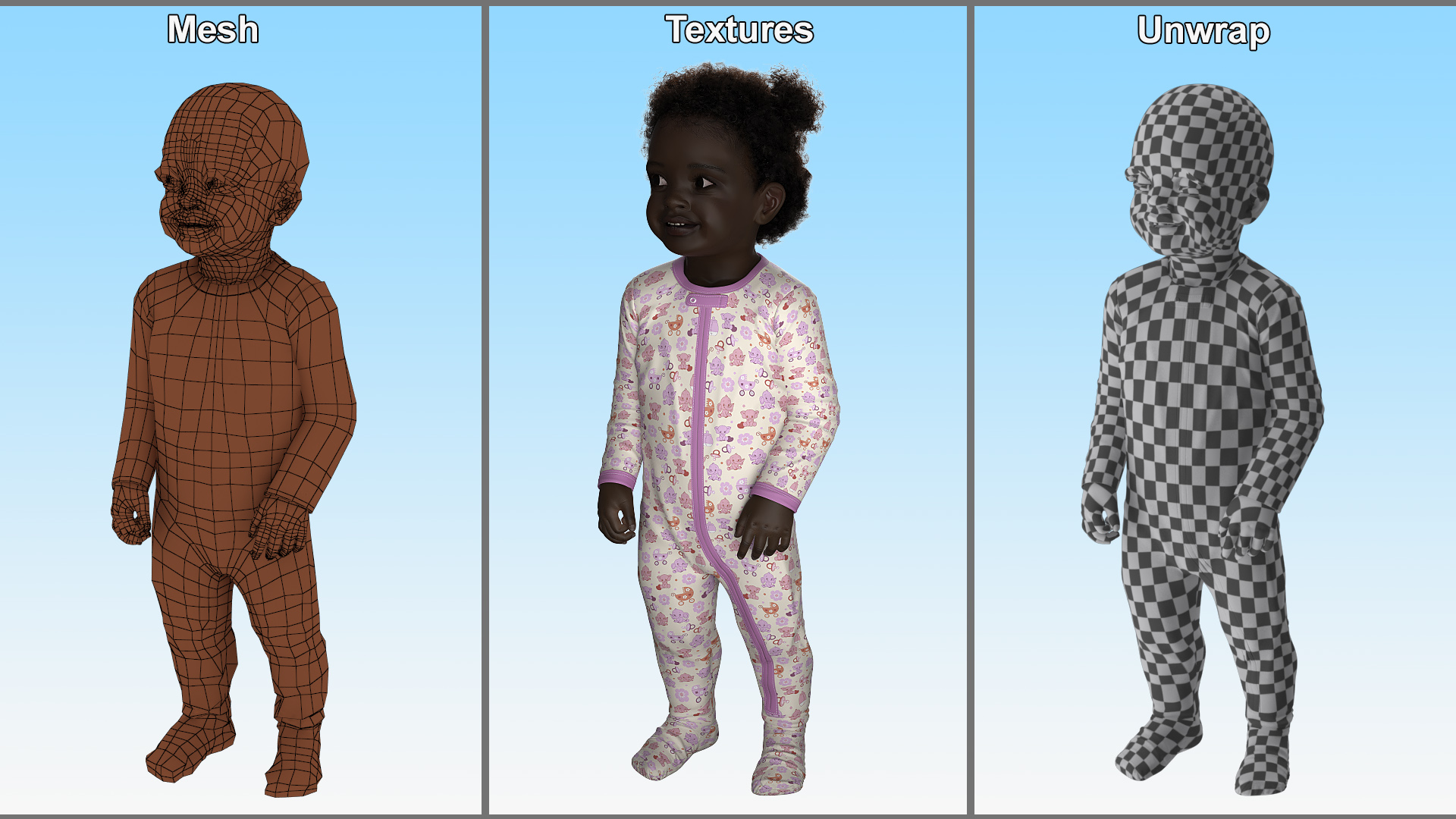 3D Toddler Black Girl in Full Bodysuit Standing Fur model