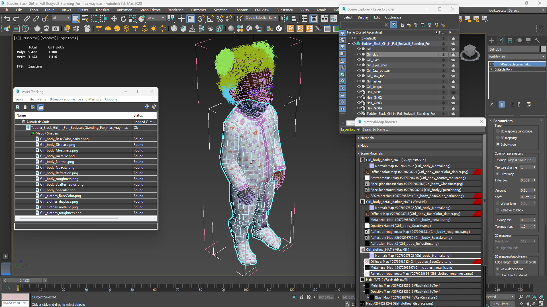 3D Toddler Black Girl in Full Bodysuit Standing Fur model
