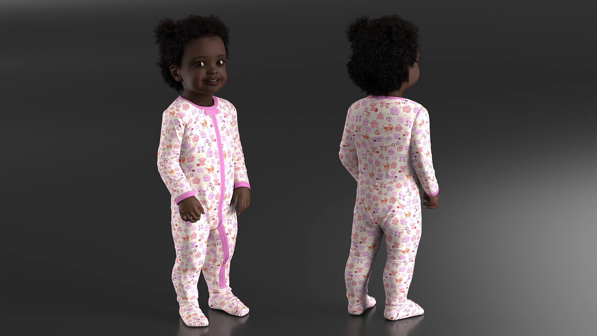 3D Toddler Black Girl in Full Bodysuit Standing Fur model