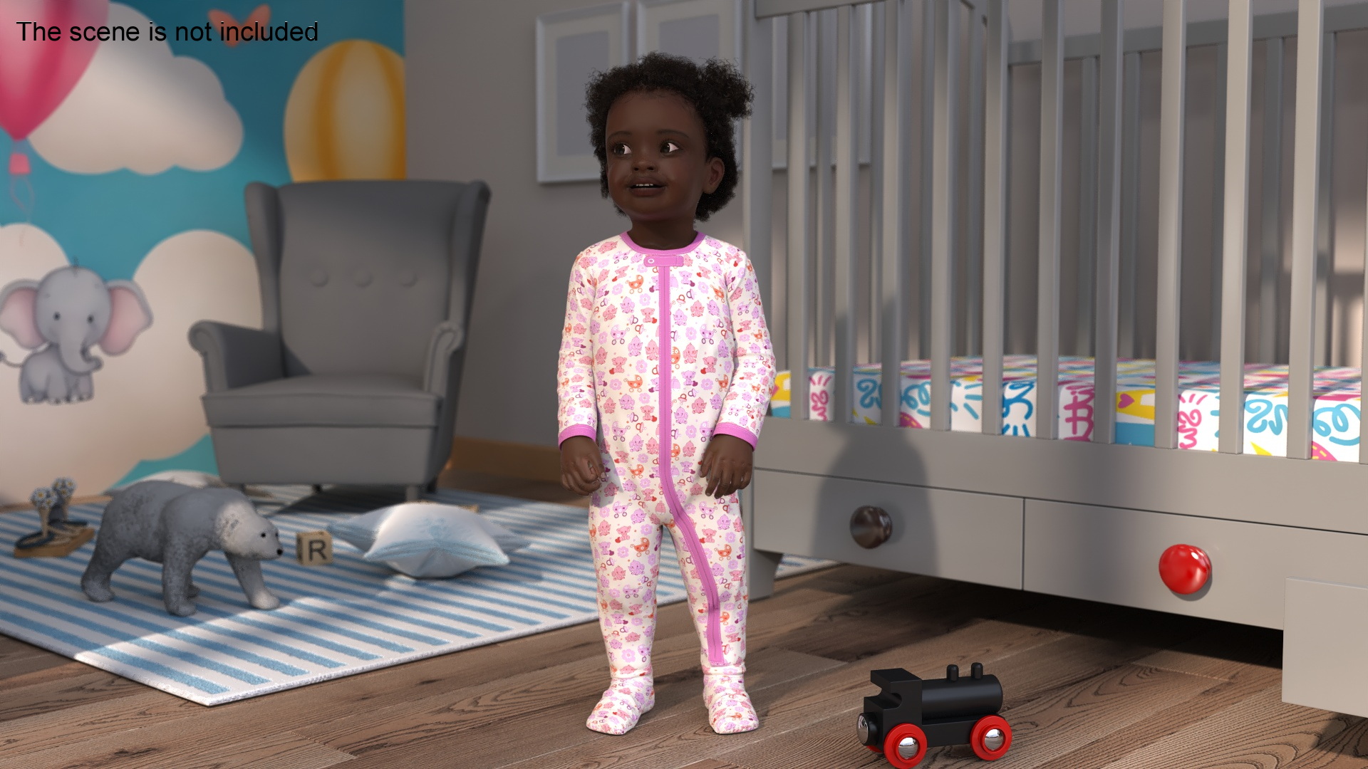 3D Toddler Black Girl in Full Bodysuit Standing Fur model