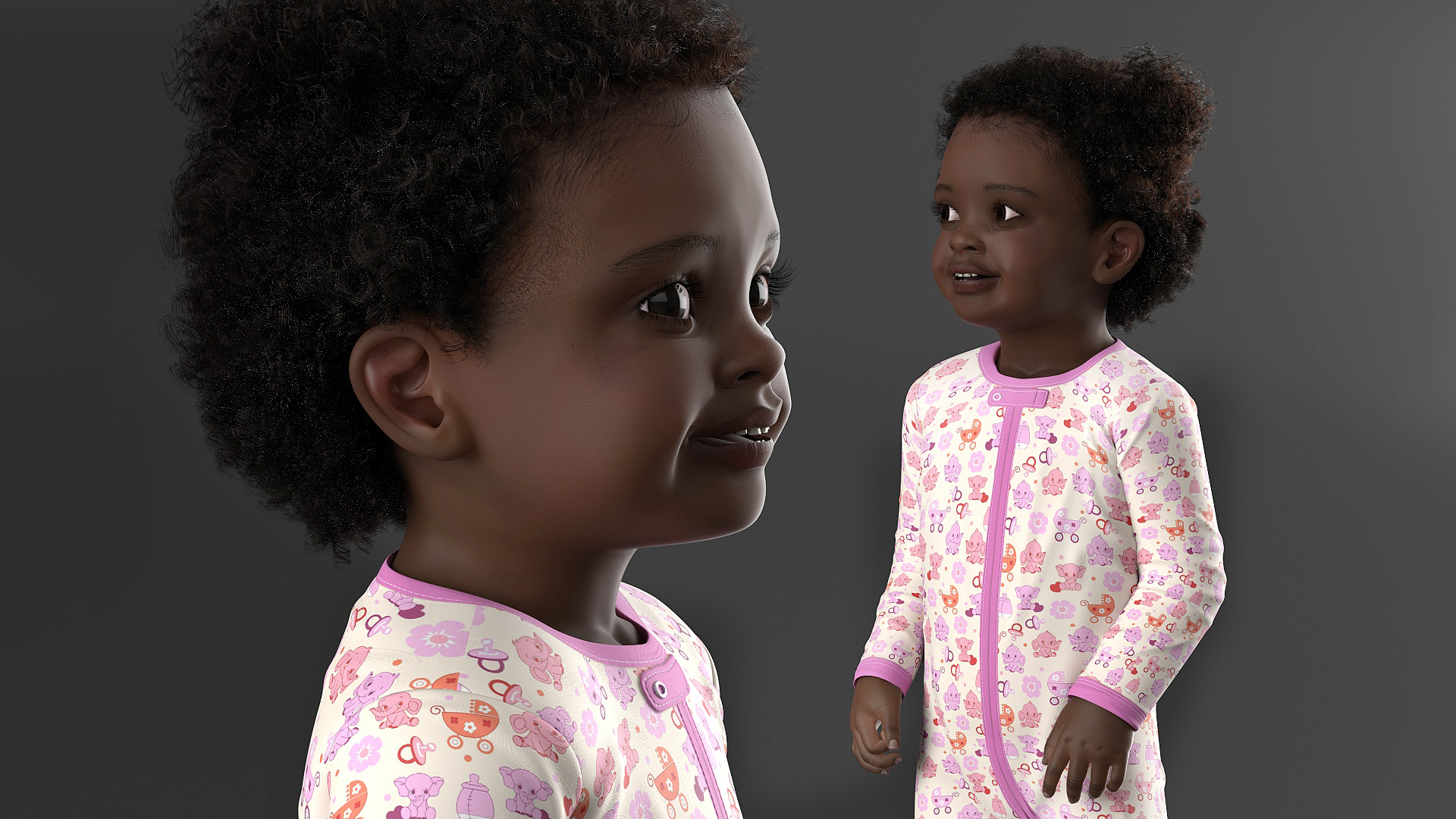 3D Toddler Black Girl in Full Bodysuit Standing Fur model