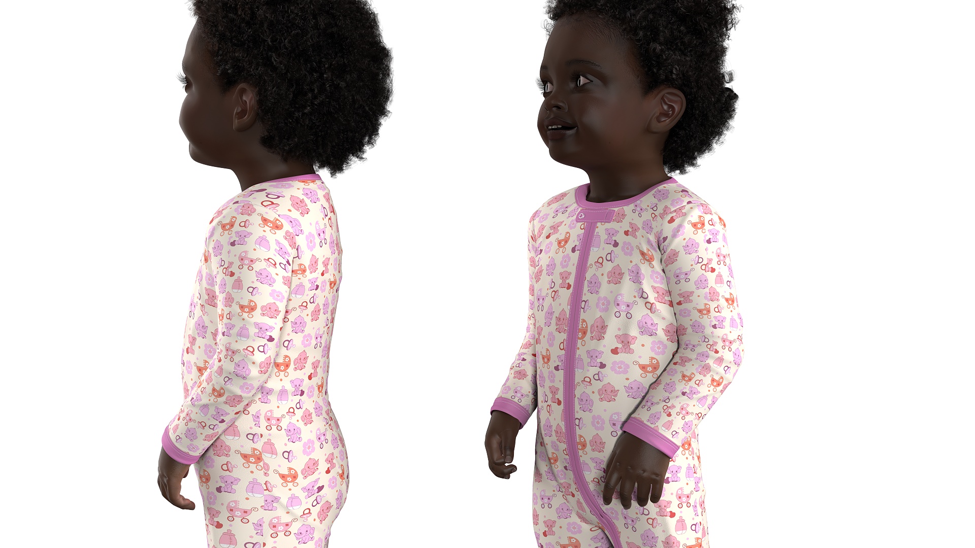 3D Toddler Black Girl in Full Bodysuit Standing Fur model